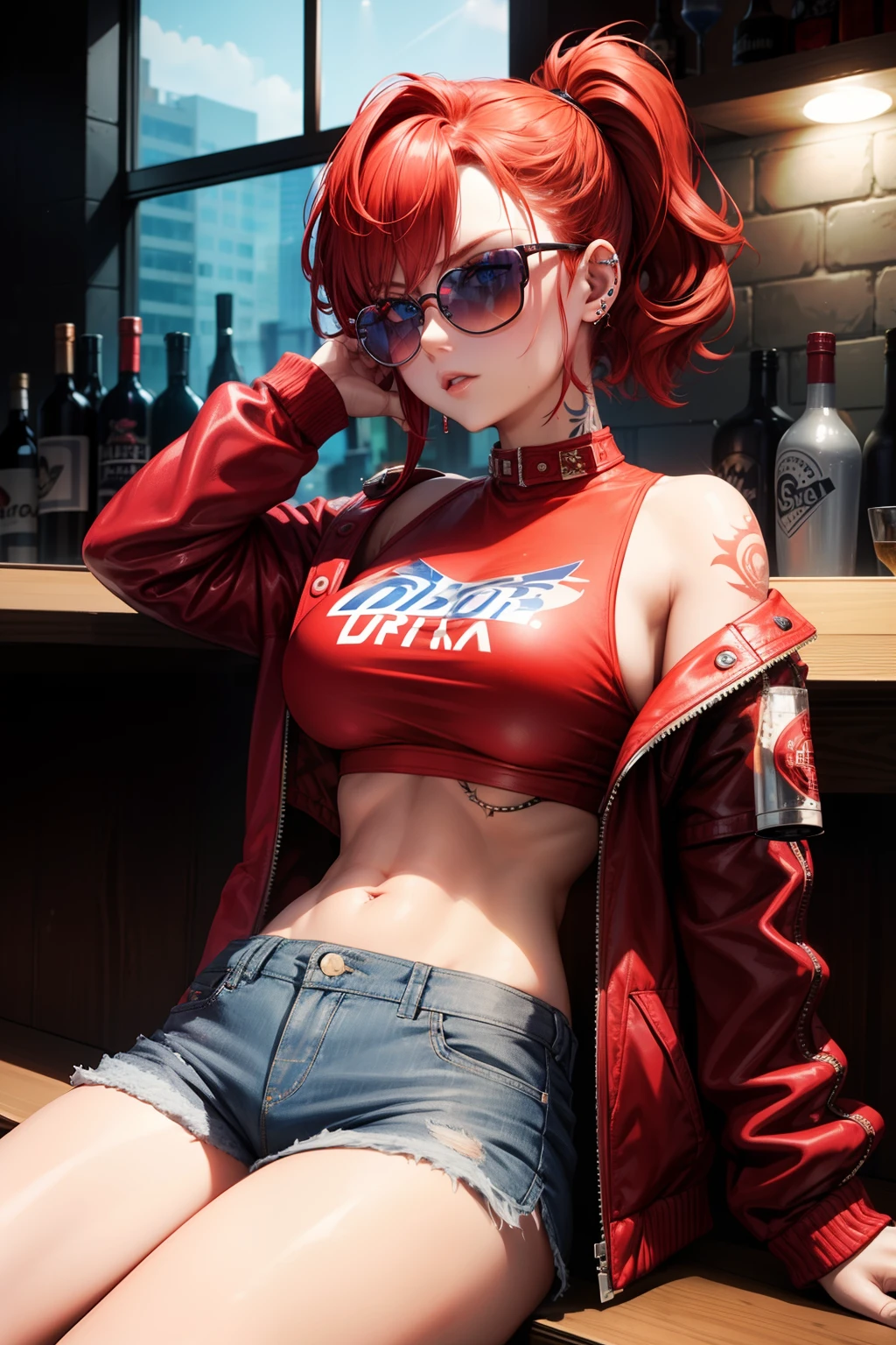 1 girl, solo, only one girl, red hair, short hair, two ponytails, blue eyes, red jacket, vans shorts, crop top, piercings, big boobs,belly tattoo, hand tattoo, are at the bar drinks, vodka, sunglasses, stylish glasses, sitting on the bar couch, Tattoo on the stomach , disco lights, Was drinking vodka