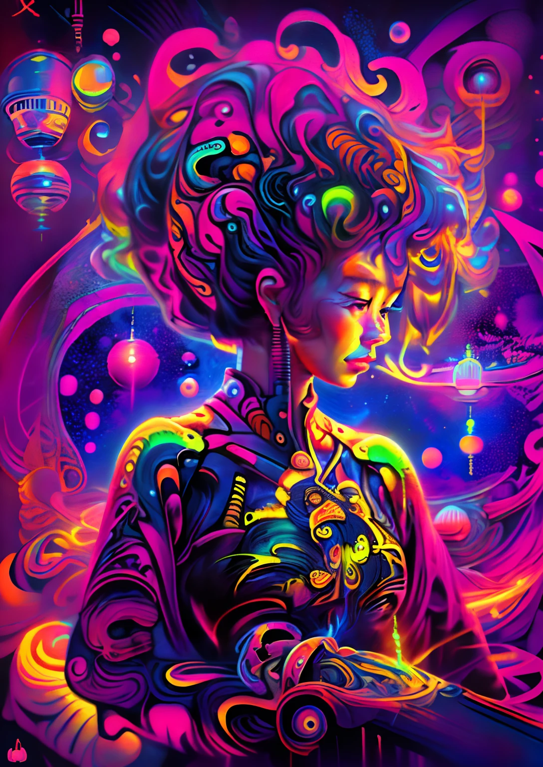 (High resolution, incredibly detailed, masterpiece), beutiful chines women with a galaxy shaped vortex neon in one hand, featuring fractal geometry neon in (vibrant colors:0.8), set against a (galactic background:1.2),neon, bringing together complex,psychedelic mesmerizing shapes and patterns.dmt .aesthetic,16k,high quality,masterpieces