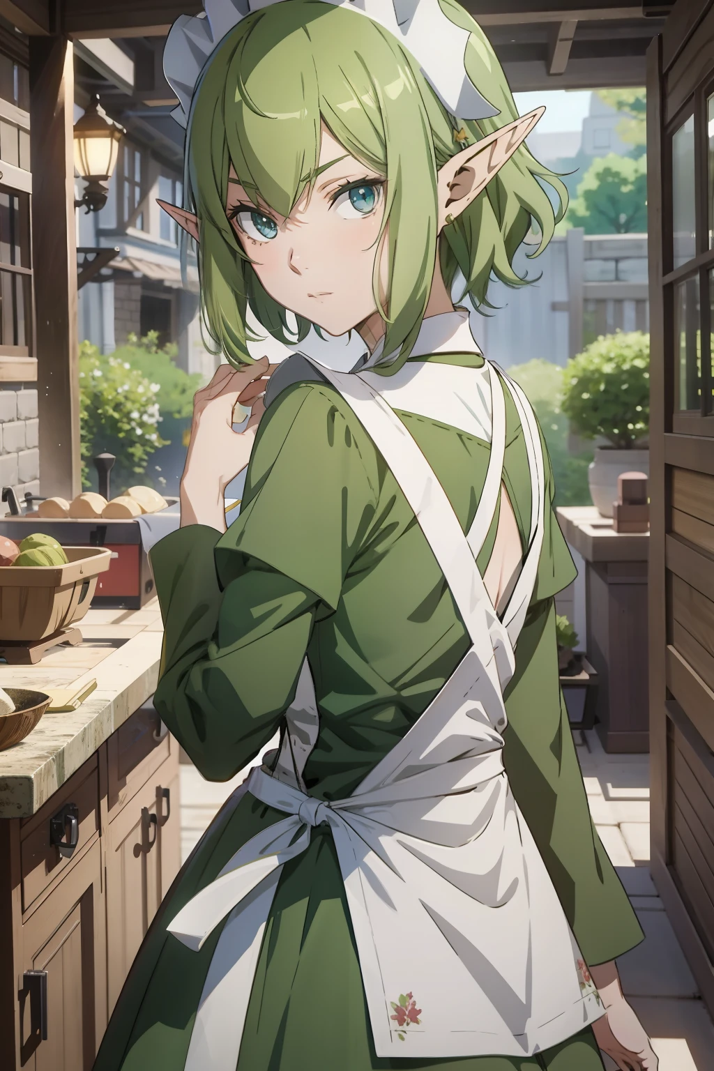 masterpiece,best quality,anime,2d,detailed face, 1girl, solo, pointy ears, blue eyes,green hair, looking at viewer, apron, short hair, maid headdress, holding, dress, green dress, standing, from side, maid, long sleeves, indoors, white apron, elf,medium breasts,
(anime screencap:0.6),