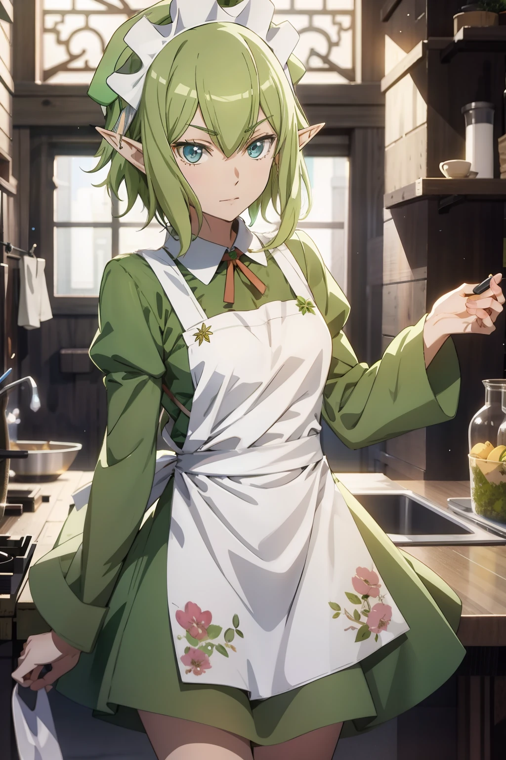 masterpiece,best quality,anime,2d,detailed face, 1girl, solo, pointy ears, blue eyes,green hair, looking at viewer, apron, short hair, maid headdress, holding, dress, green dress, standing, from side, maid, long sleeves, indoors, white apron, elf,medium breasts,
(anime screencap:0.6),