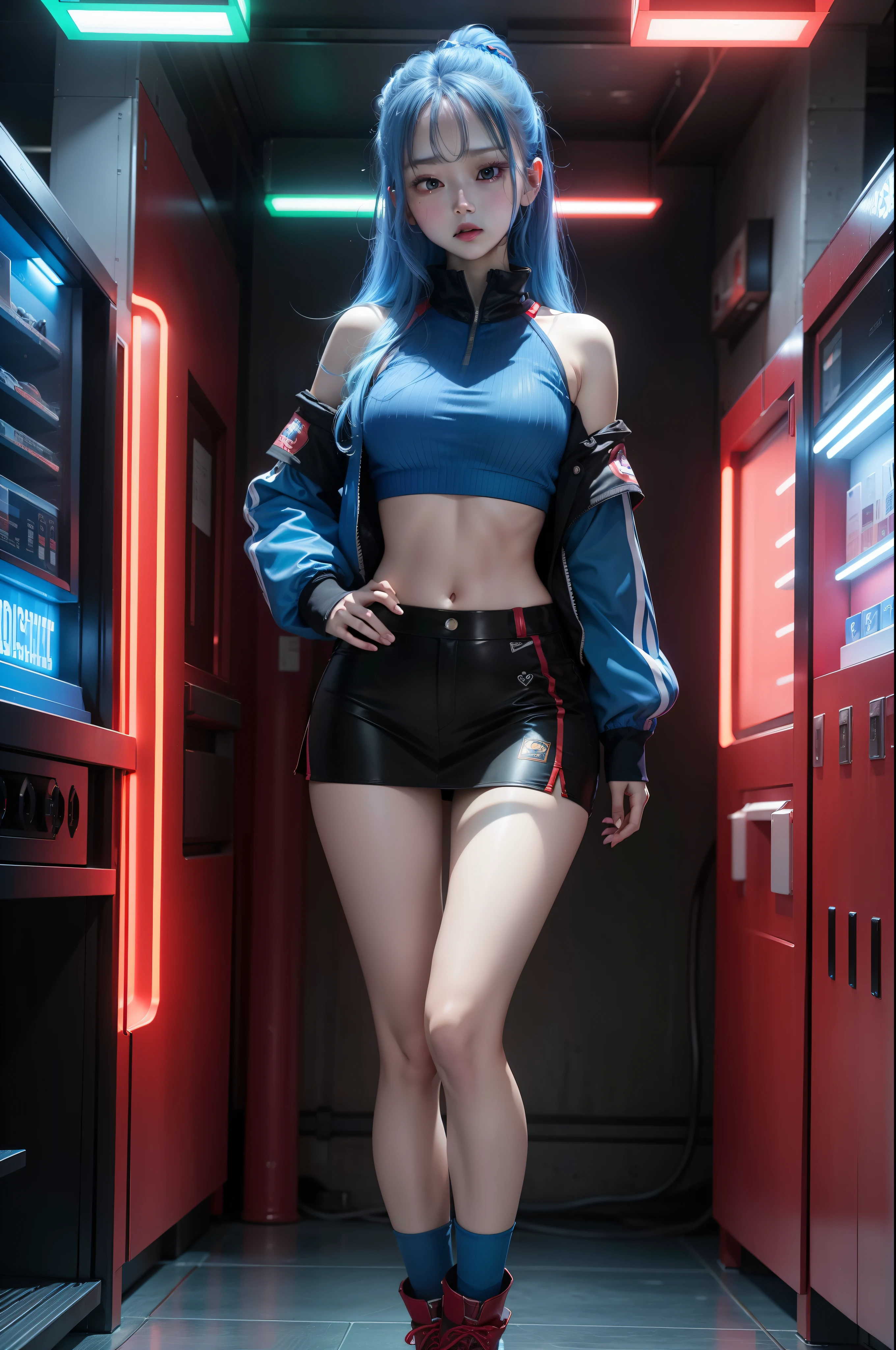 infp young woman、、large full breasts、beautiful foot、Colorful hair、、Good Style、Shiny Light Bluetop、shortpants、、Light blue tights、Dark blue sleeves