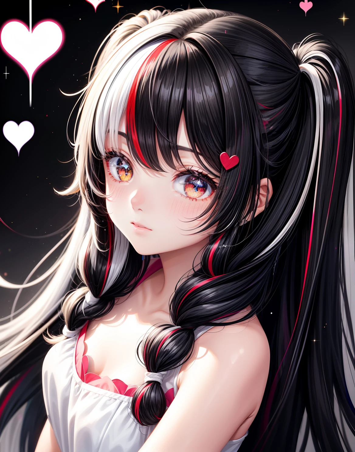((girl)) ((hair color black white streaks)) various sizes bright red hearts around, cute heart, glitter powder, picture perfect, space background