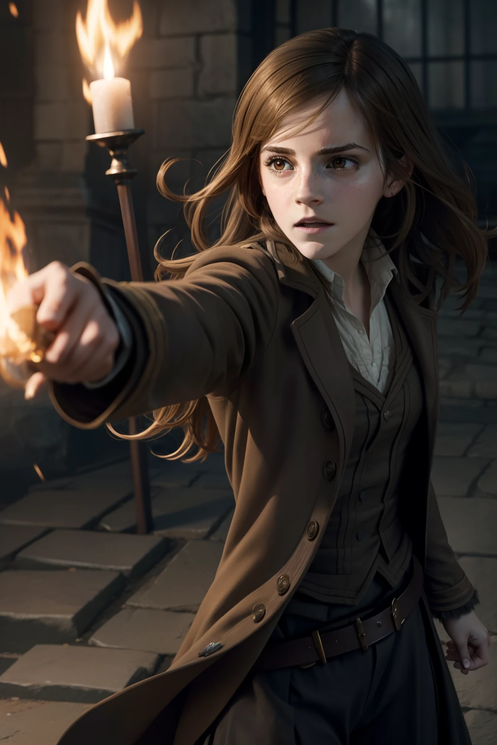 "Emma Watson portraying Hermione Granger in an intense battle against a powerful witch."