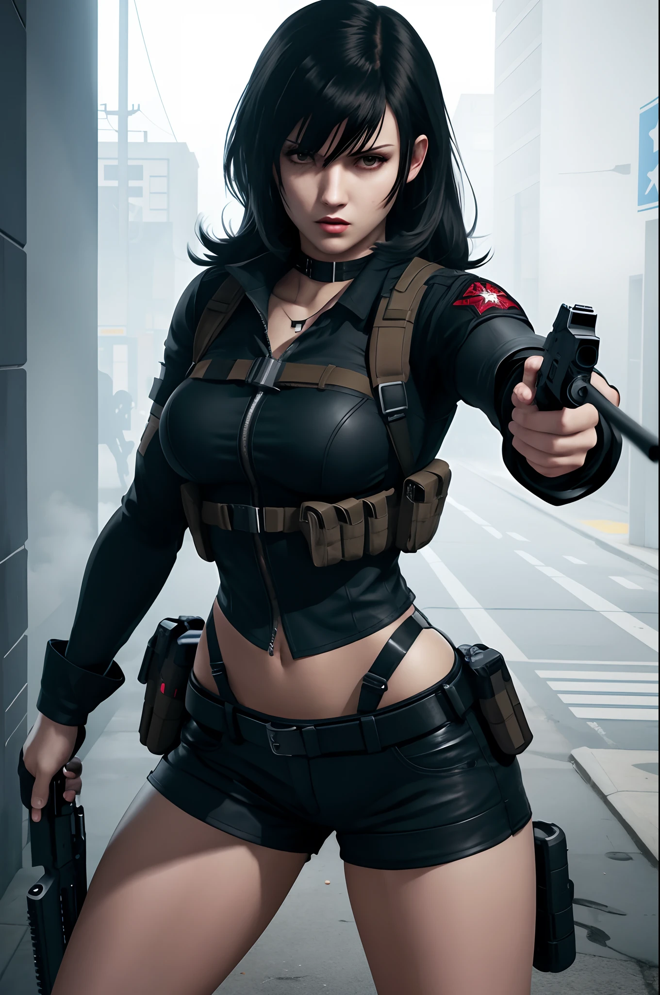 Resident evil girl long black hair with straight bangs black shorts with holster, black clothes, tactical holster, and holding pistol, angry,