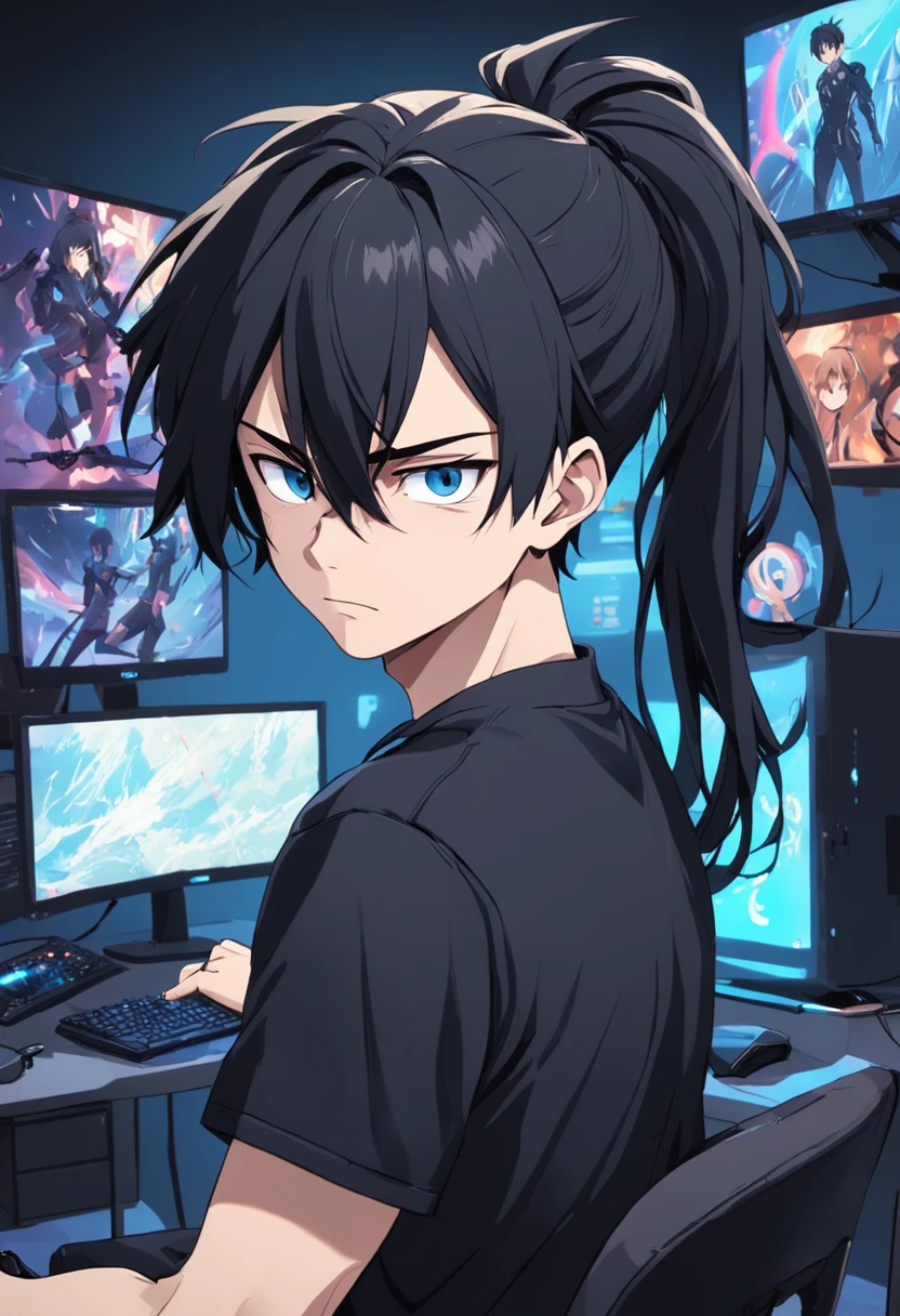Crie uma imagem de um cara com cabelos longos e pretos, who are stuck in a ponytail. He's wearing a black outfit, including a black T-shirt and black pants. He has blue eyes and an expression of boredom on his face. Behind him, there are three monitors and a gaming PC. A imagem deve ser super detalhada, mostrando os detalhes dos cabelos, roupas e dos equipamentos de computador.