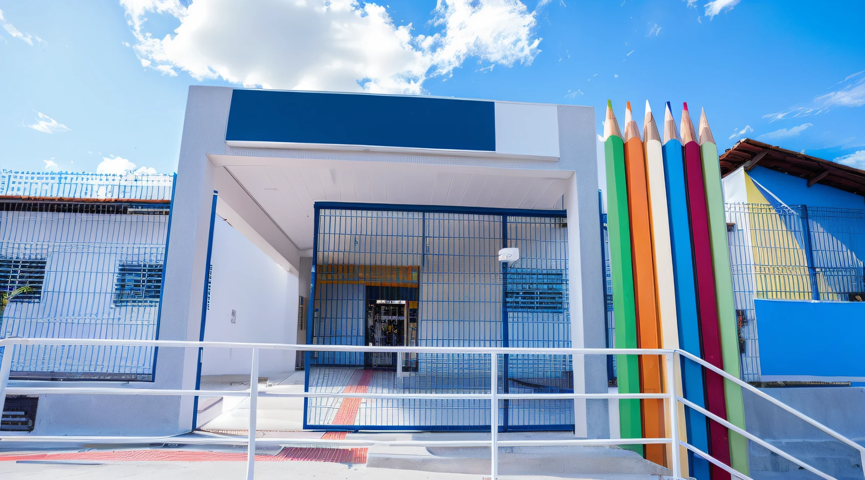 Colorful wooden pencils are lined up outside a building, Private college entrance, escola, Escola de Quito, entrada, crisp smooth clean lines, Sharp lines and colors, school courtyard, escola particular, imagem limpa, Malika Favre, Fachada Freddy Mamani Silvestre, Antecedentes complexos, fotos de alta qualidade, sharp colors, Architectural finishes, imagem profunda, Vibrant and dynamic, 4k
