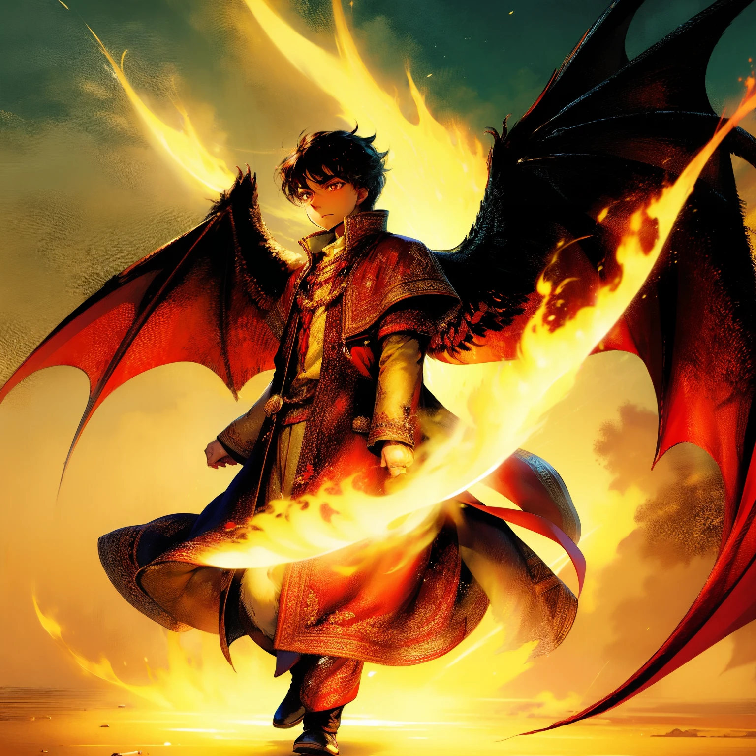 1 boy, sketch,medium hair, claws on feet, flaming dragon wings,  medieval clothes, jacket, pants, sky background