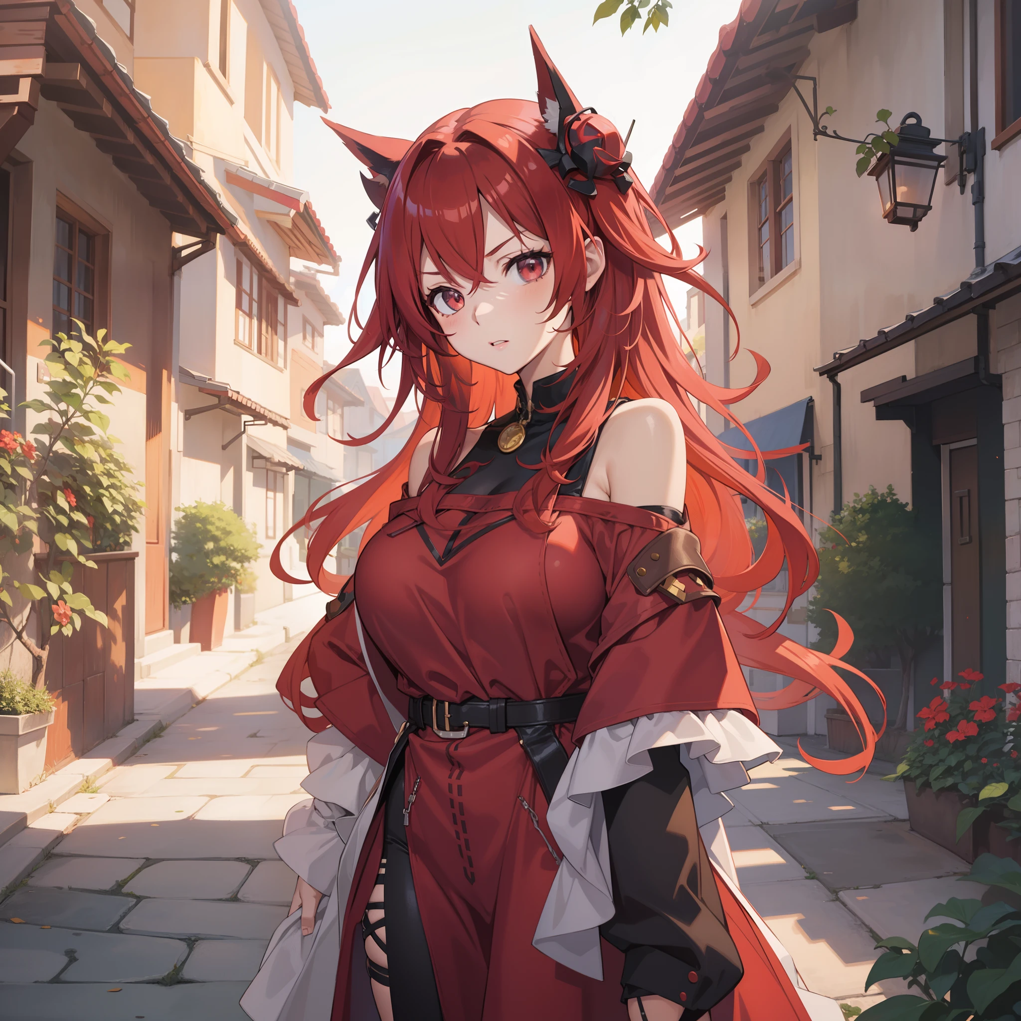 Anime girl, red hair, sexy, cute, large breasts, skinny, village