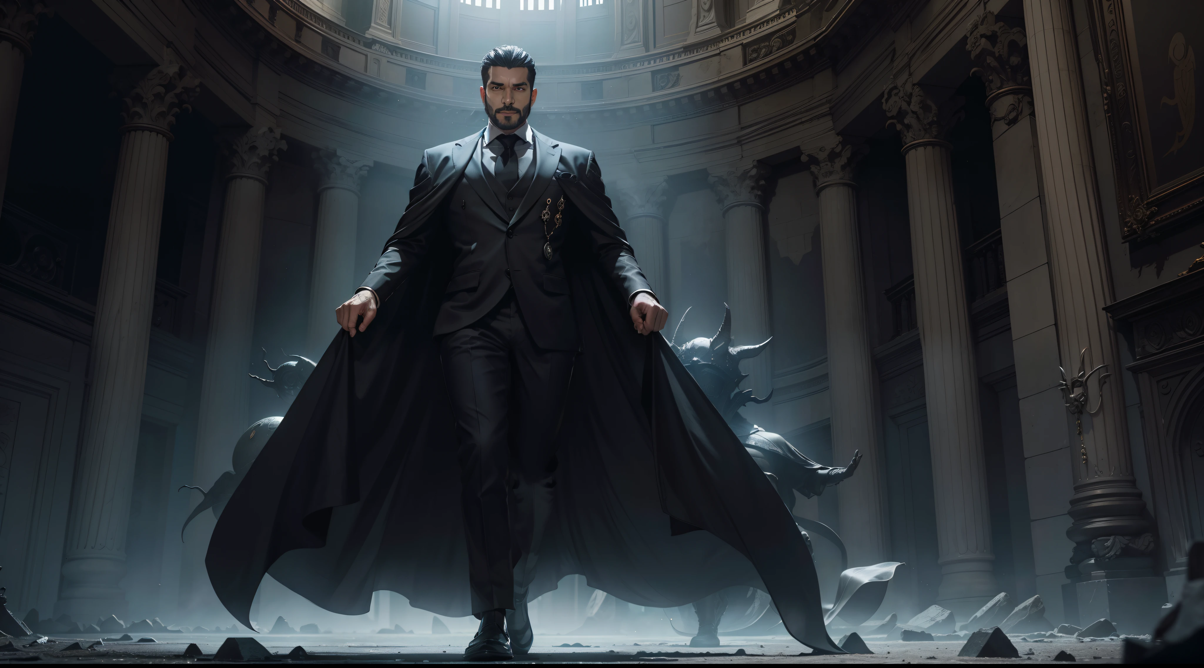 In the imposing room of the Palace of Darkness, A place where shadows dance in harmony, A powerful figure is in a circle at a press conference for the whole world. No centro, He is an imposing figure, with piercing eyes and an enigmatic smile.. Seus cabelos escuros caem em cascata sobre seus ombros, and he is dressed in a black suit adorned with ancient symbols. from him radiates a hypnotic power that seems to emanate from the depths of the abyss.