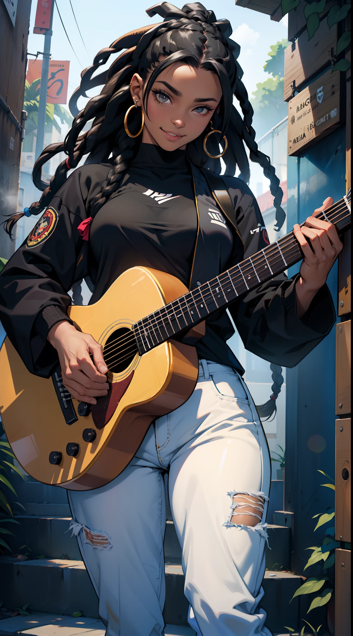 (Obra-prima), Uma mulher negra com cabelo preto, pele negra, dreadlocks, cabelo longo, cabelo solto (melhor qualidade), Ultra resolution, arte profissional, ultra detalhado, perfect lighting, corpo atletico, peitos grandes, roupa de Ninja, sorrindo, de costas para o telespectador, foco feminino, black pant, sentada em uma cadeira, playing the guitar