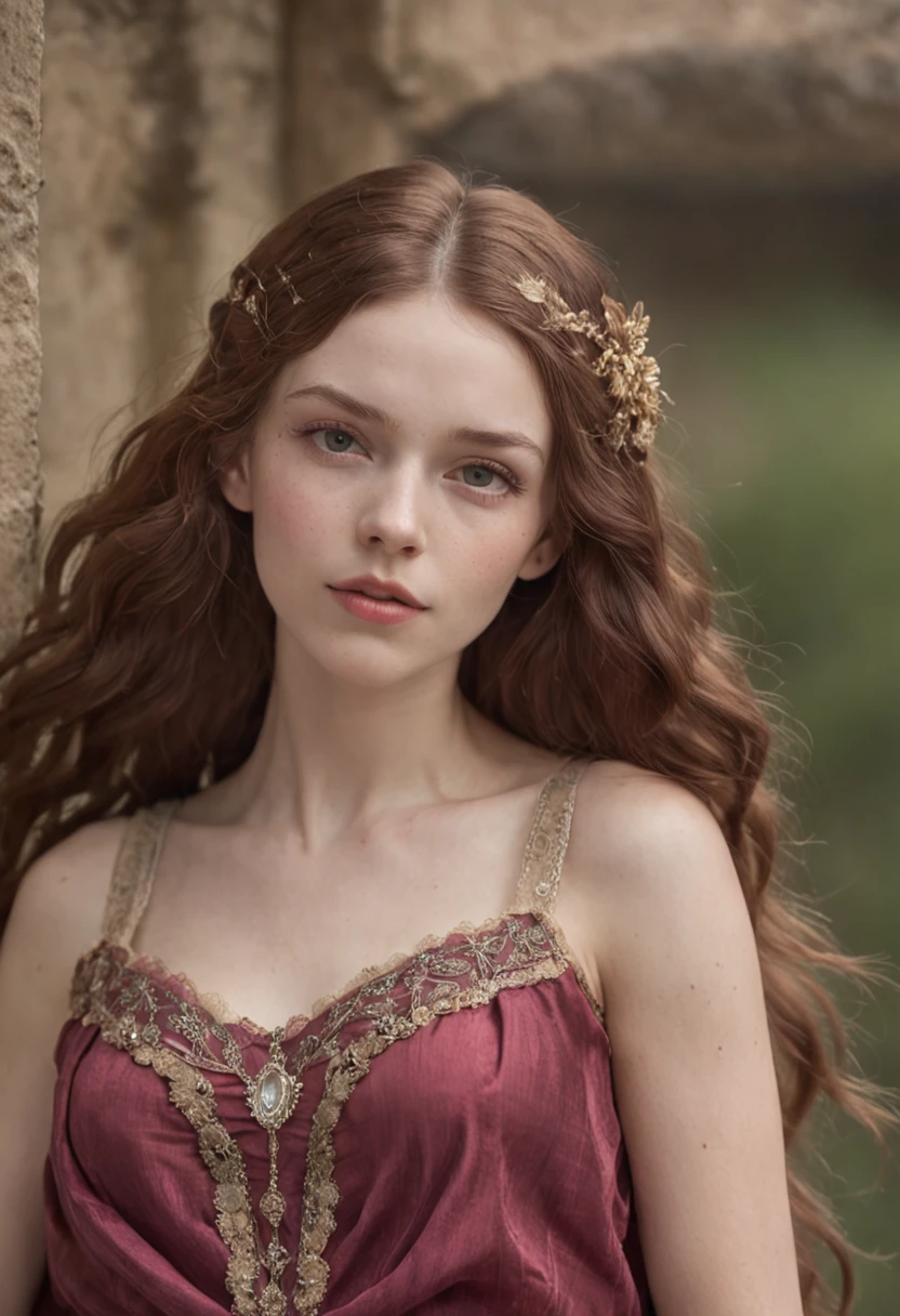 masterpiece, best quality, RAW portrait photograph, high quality picture of a 18 yo english woman, photorealistic, cinematic, dramatic, perfect face, well formed facial features, calm peaceful happy expression, sexy, sensual, glowing pale white skin, long loose flowing fair hair, hair ornament, small breasts, perfectly formed breasts, beautiful iridescent patterned dark pink grecian style dress, arm band, bracelet, necklace, jewels, interior bedroom, jw waterhouse , pre-raphaelite