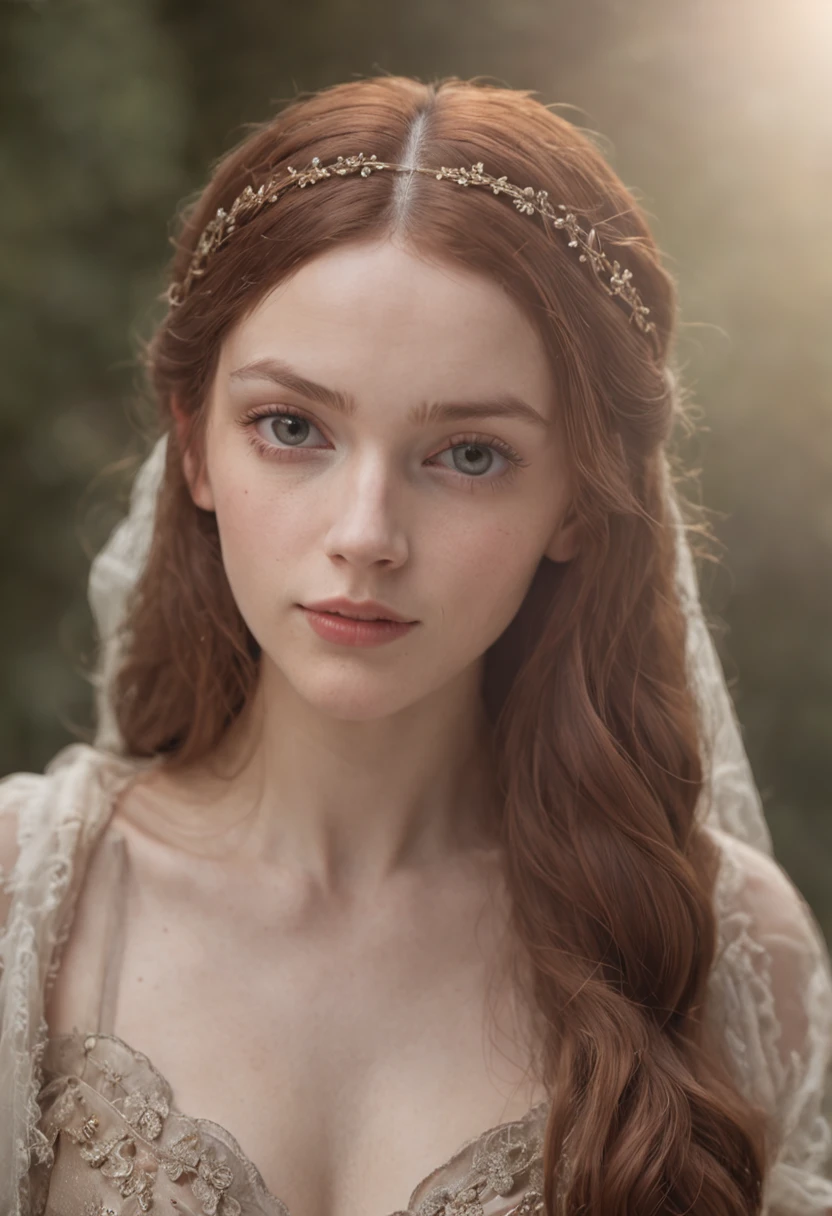 masterpiece, best quality, RAW portrait photograph, high quality picture of a 18 yo english woman, photorealistic, cinematic, dramatic, perfect face, well formed facial features, calm peaceful happy expression, sexy, sensual, glowing pale white skin, long loose flowing fair hair, hair ornament, small breasts, perfectly formed breasts, beautiful iridescent patterned dark pink grecian style dress, arm band, bracelet, necklace, jewels, interior bedroom, jw waterhouse , pre-raphaelite