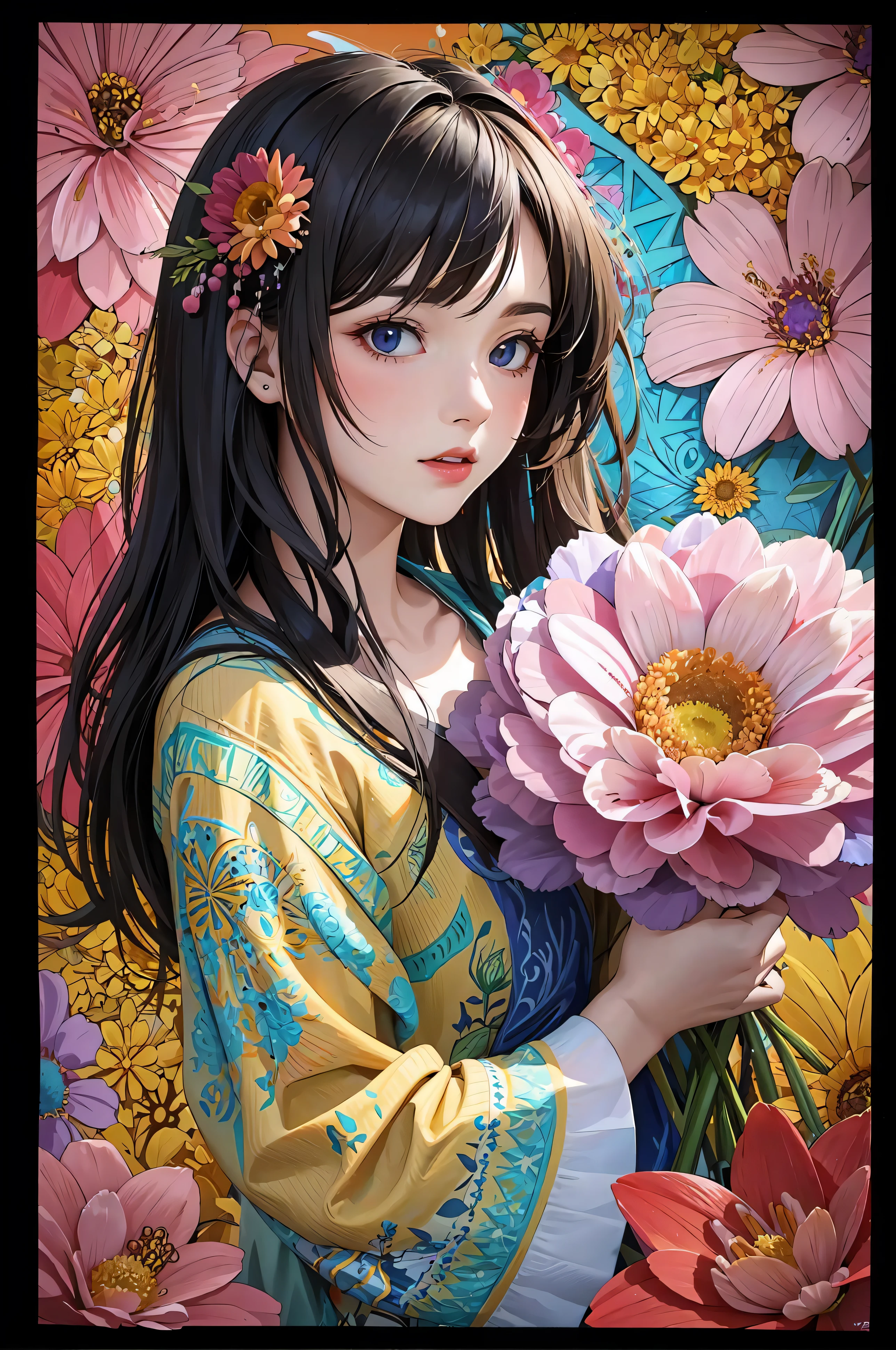 (masterpiece、Highest quality、Highest quality、Official Art、beautifully、aesthetic:1.2)、Picturesque、sketch、texture、Ultra-high resolution、alone、Beautiful woman、Very detailed、(Fractal Art:1.1)、(colorful:1.1)(Floral:1.6)、Most detailed、(Tangled:1.2)、(Dynamic pose)、(Abstract background:1.3)、(Glowing Skin)、(Many colors:0.8)、、(Earrings:1.4)、(feather:0.9)、Taisho romance, 12 years old, Short Bob, forehead, 壊す smiling amidst the colorful scenes