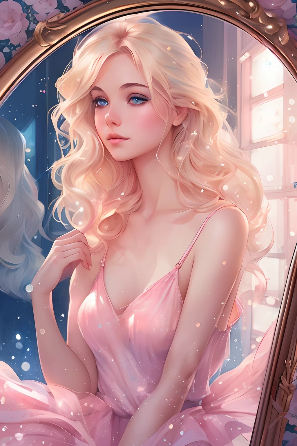 blond haired girl in pink dress looking into mirror with blue eyes, in the art style of bowater, beautiful digital illustration, charlie bowater art style, stunning digital illustration, :: rossdraws, a beautiful artwork illustration, loish art style, ! dream artgerm, in the style of ross tran, cute detailed digital art, exquisite digital illustration
