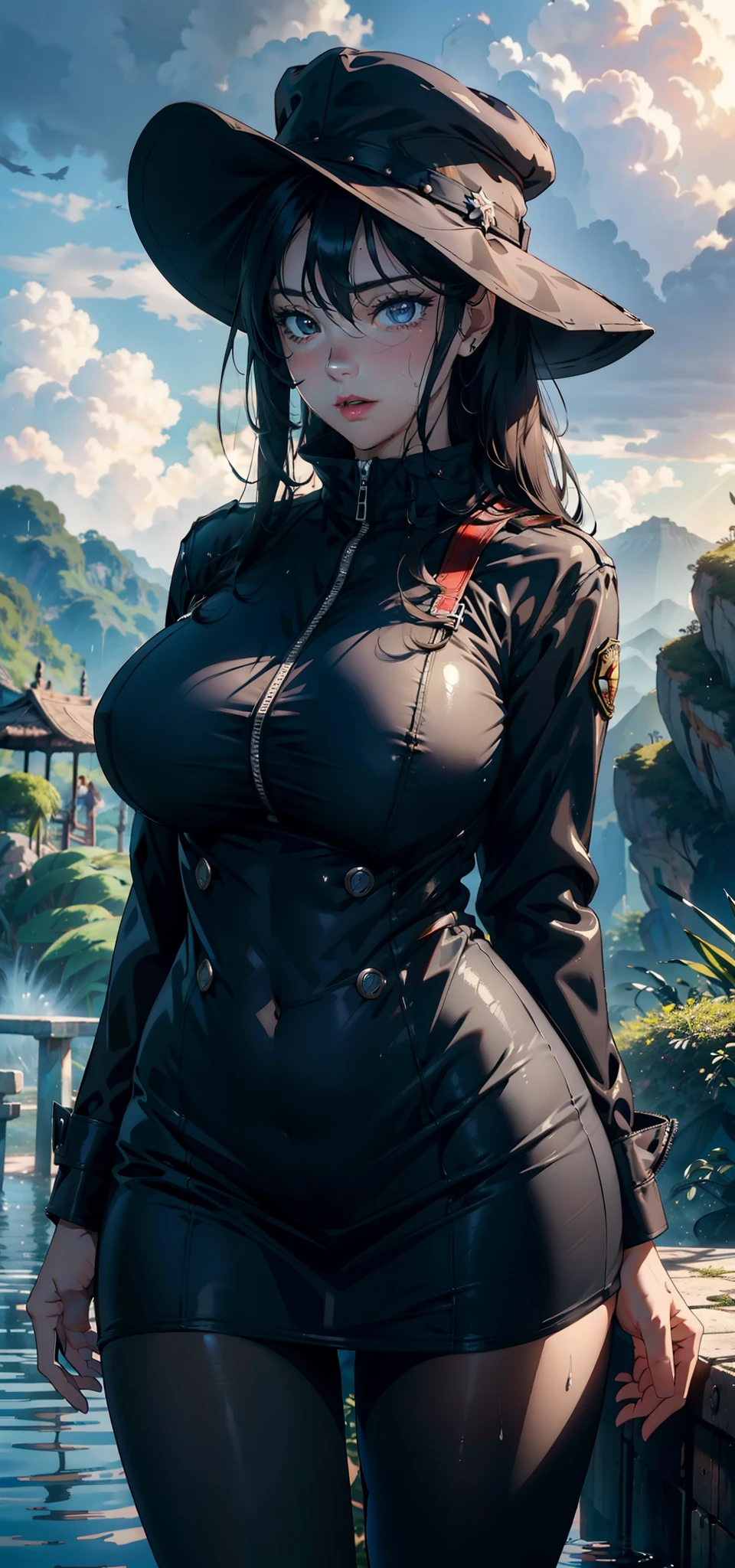1female,35yo,huge-breasted,long leges,Pornographic exposure, 独奏,(Background with:hilltop,the rainforest,in summer,Standing water on the ground,exteriors) Feel free to hairstyle,Stride,Sweat profusely,drenched all over the body,seen from the front,Long black hair , mostly cloudy sky,(((tmasterpiece),(Very detailed CG unity 8K wallpaper),best qualtiy,cinmatic lighting,detailed back ground,beatiful detailed eyes,Bright pupils,(Very fine and beautiful),(Beautiful and detailed eye description),ultra - detailed,tmasterpiece,)),face to the viewer,frontage,A high resolution,ultra - detailed)nakeness,Wipe off panties,revealing breasts,Bare genitalia, Bulge,Camel toes,Raised sexy,Lewd expression,Flushed complexion,Open-mouthed,frontage,military hat,(Wearing:Officer dress,Black pantyhose)