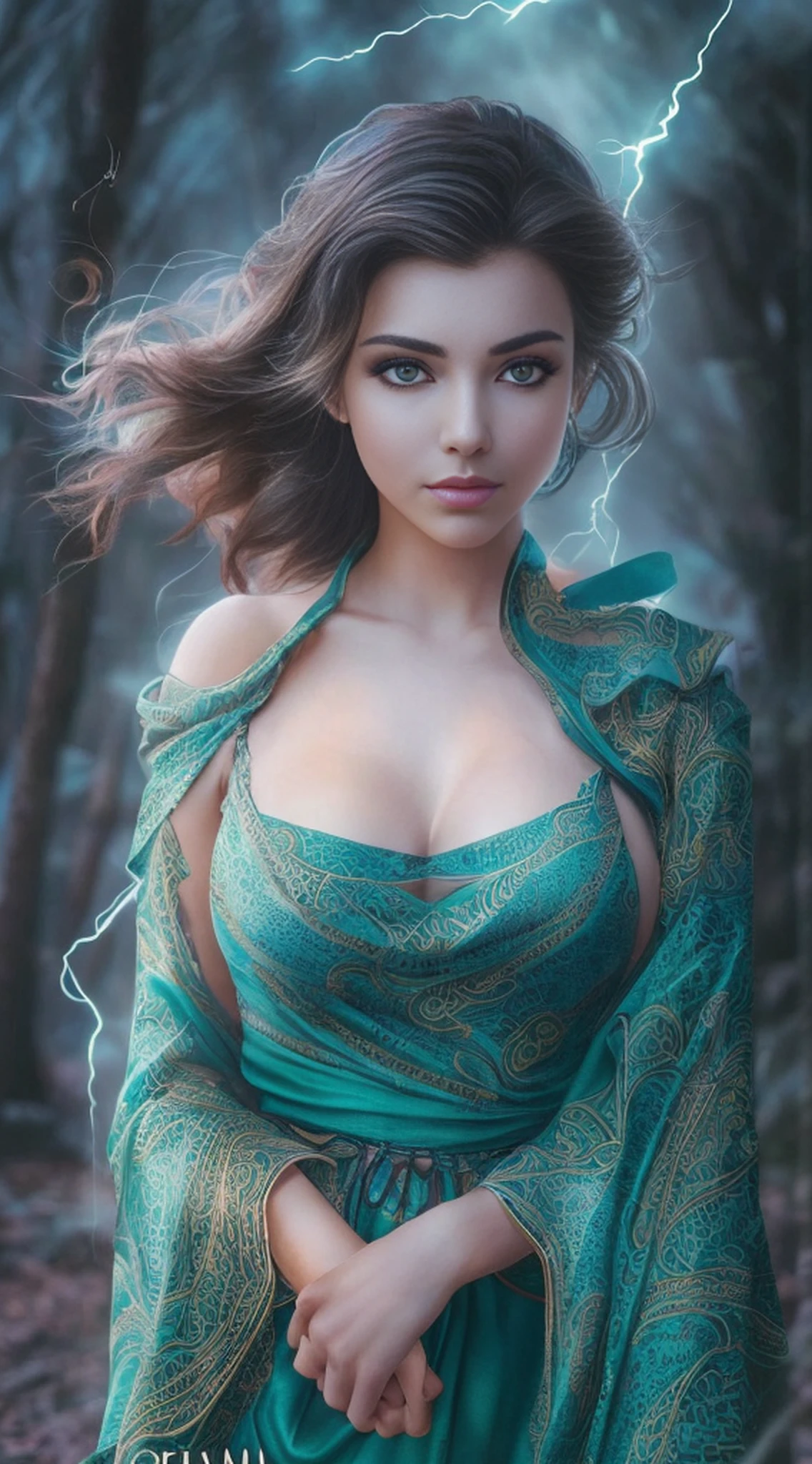 A woman in a blue dress standing in a cherry forest, Artgerm, paisagem realista, Artgerm detalhado, olhos perfeitos, rosto perfeito, Ultra Detalhado, tiro de corpo inteiro, (Skindentation: 1.5), realista, realista, (obra-prima: 1.5), arte conceitual, detalhes intrincados, altamente detalhado, realista, octane rendering, 8K, motor irreal, dinamic pose, melhor qualidade, alta resolução, (rosto realista: 1.1), (hiper-realismo: 1.1) , ((full_body)), olhos perfeitos, (pele brilhante: 1.2), ((penteado))), ((perfect hands))), (fundo muito detalhado), ((dynamic background), ((lightning), (lightning), ((1girl)), Vestindo um manto, (((Manto de fluxo))), ((Olhos detalhados, Olhos de alta qualidade, Rosto de alta qualidade)), vestido azul extremamente complexos, magical robes), casting lightning, eletricidade, spinning flame, radiation, spark, smoke, magia, (dramatic), epic, campo de batalha, profundidade de campo, bokeh, 4k, gotica, cinzas, particules --auto