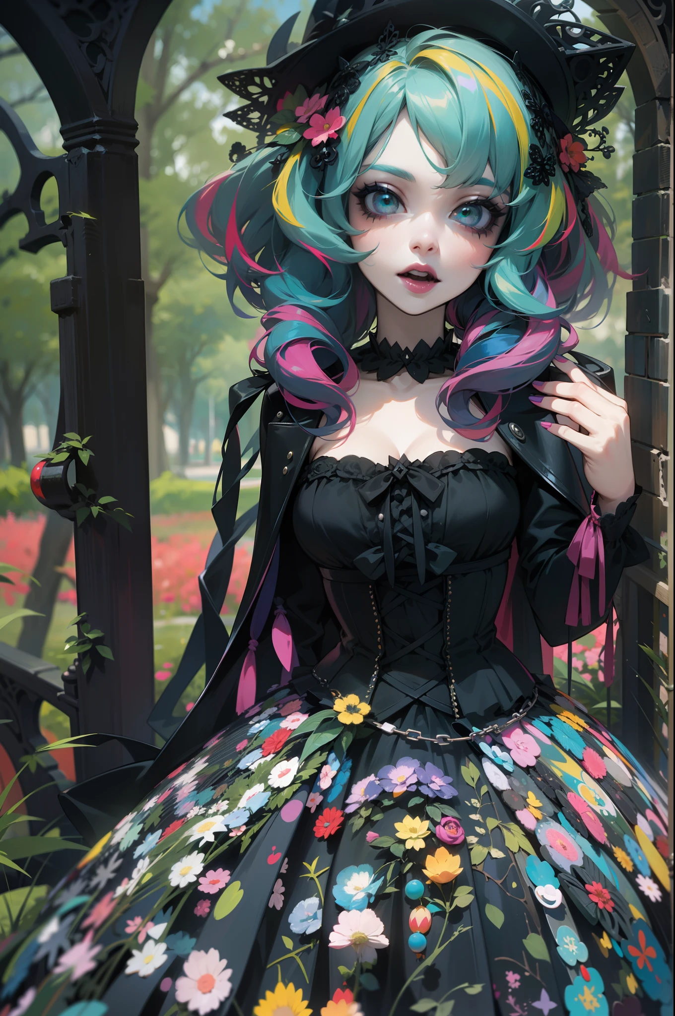 En un hermoso parque una mujer de aspecto moderno. It has a very colorful and striking kawaii gothic style.., con un maquillaje elegante y una peluca colorida.