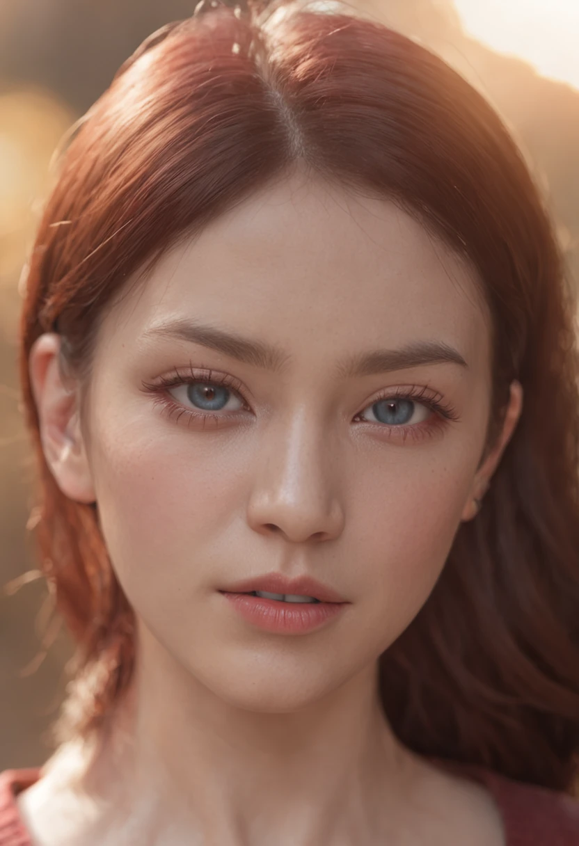 of a real, The facial features are meticulously depicted, Realistic skin texture, There is a scar on his face, closeup cleavage, head portrait, Pout, Blue eyes, Short-cut hair of maroon color, depth of fields, dynamic blur, high light, Real light, Ray treaching, oc rendered, Hyper-realistic, best quality, 8K, Works of masters, super-fine, Detailed pubic hair, Correct anatomy, sharp focus on eyes, Facial features are carefully depicted