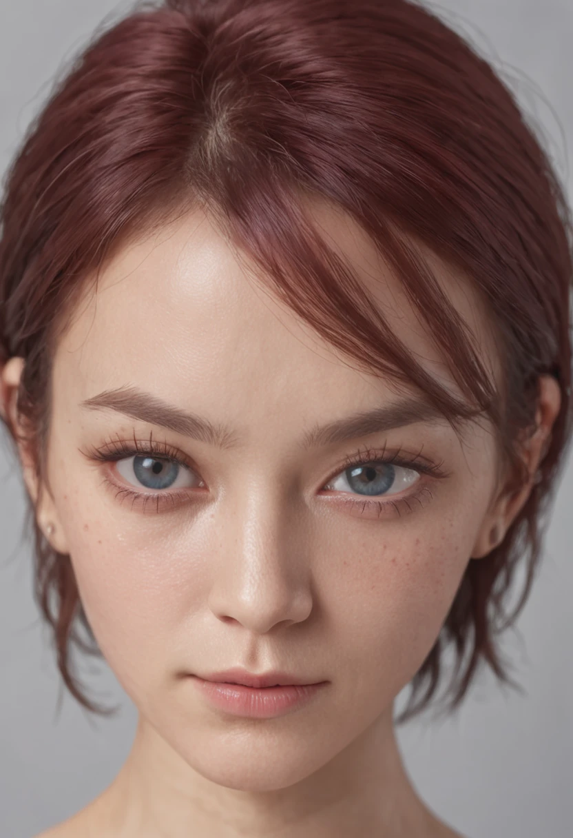 of a real, The facial features are meticulously depicted, Realistic skin texture, There is a scar on his face, closeup cleavage, head portrait, Pout, Blue eyes, Short-cut hair of maroon color, depth of fields, dynamic blur, high light, Real light, Ray treaching, oc rendered, Hyper-realistic, best quality, 8K, Works of masters, super-fine, Detailed pubic hair, Correct anatomy, sharp focus on eyes, Facial features are carefully depicted