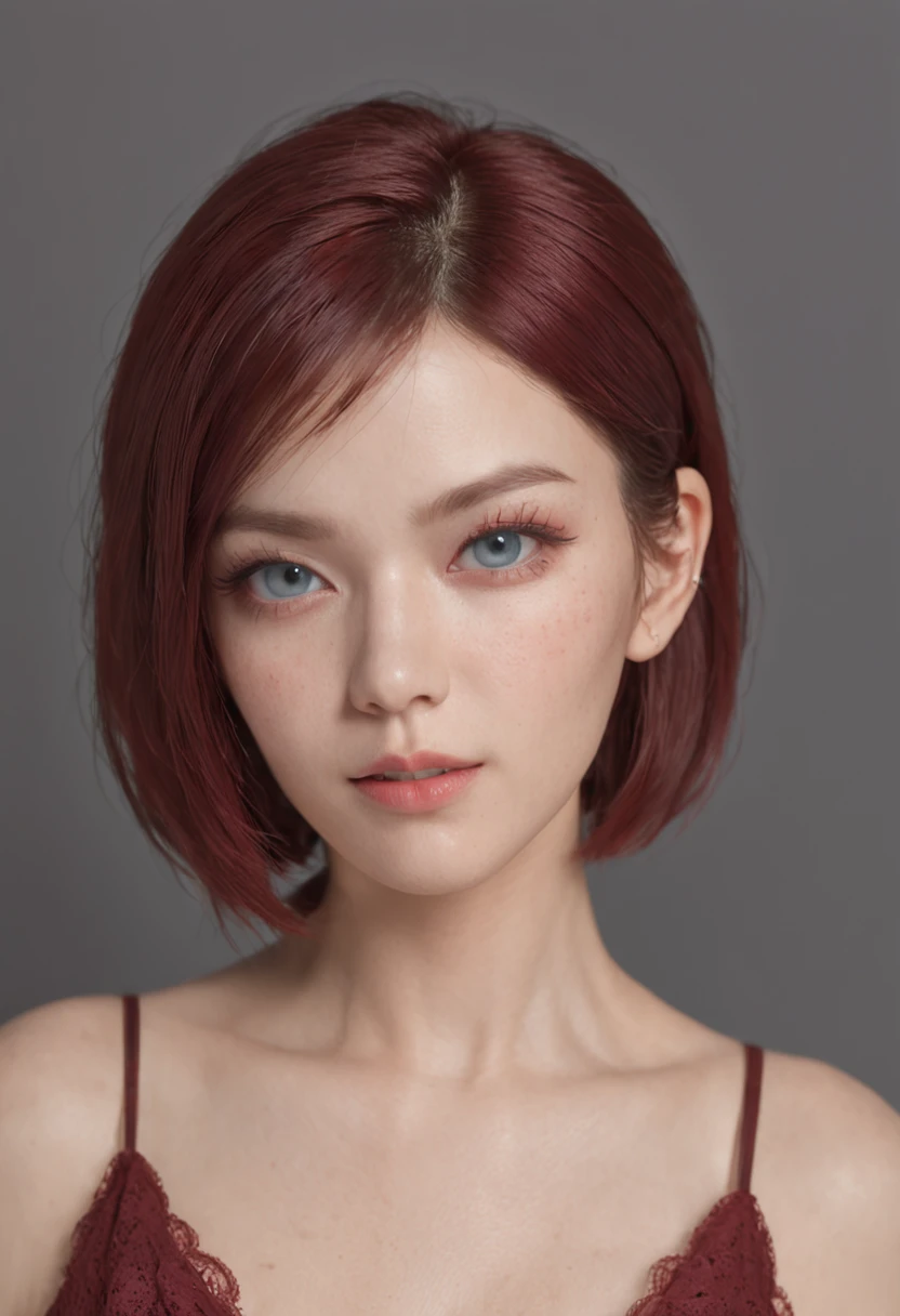 of a real, The facial features are meticulously depicted, Realistic skin texture, There is a scar on his face, closeup cleavage, head portrait, Pout, Blue eyes, Short-cut hair of maroon color, depth of fields, dynamic blur, high light, Real light, Ray treaching, oc rendered, Hyper-realistic, best quality, 8K, Works of masters, super-fine, Detailed pubic hair, Correct anatomy, sharp focus on eyes, Facial features are carefully depicted