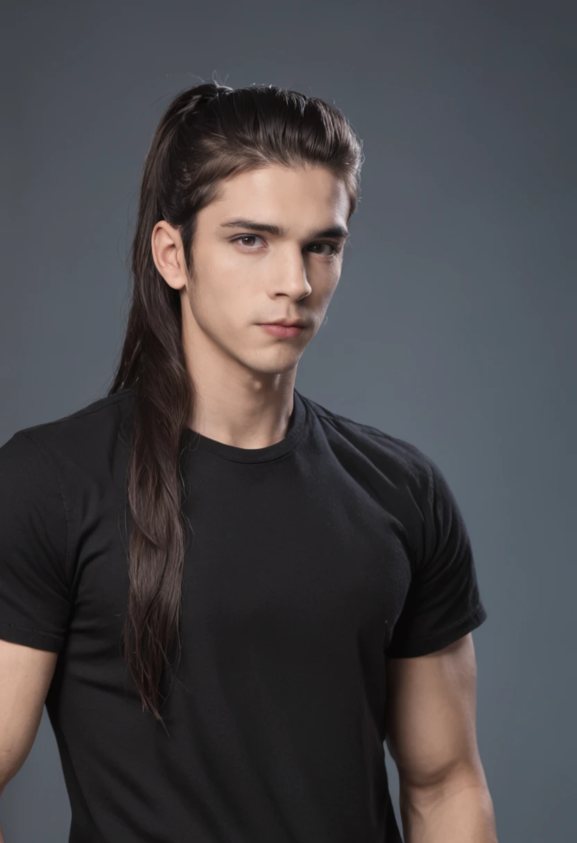 Crie uma imagem de um cara com corpo definido com cabelos longos e pretos, who are stuck in a ponytail. He's wearing a black outfit, including a black T-shirt and black pants. He has blue eyes and an expression of boredom on his face. Behind him, there are three monitors and a gaming PC. A imagem deve ser super detalhada, mostrando os detalhes dos cabelos, roupas e dos equipamentos de computador.