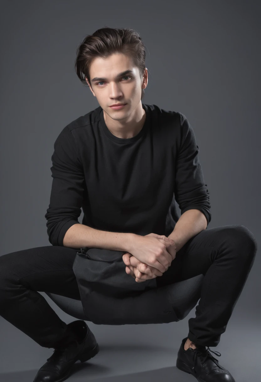 Crie uma imagem de um cara com corpo definido com cabelos longos e pretos, who are stuck in a ponytail. He's wearing a black outfit, including a black T-shirt and black pants. He has blue eyes and an expression of boredom on his face. Behind him, there are three monitors and a gaming PC. A imagem deve ser super detalhada, mostrando os detalhes dos cabelos, roupas e dos equipamentos de computador.