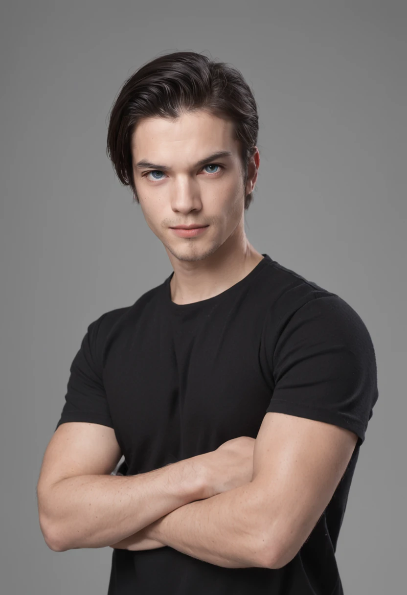Crie uma imagem de um cara com corpo definido com cabelos longos e pretos, who are stuck in a ponytail. He's wearing a black outfit, including a black T-shirt and black pants. He has blue eyes and an expression of boredom on his face. Behind him, there are three monitors and a gaming PC. A imagem deve ser super detalhada, mostrando os detalhes dos cabelos, roupas e dos equipamentos de computador.