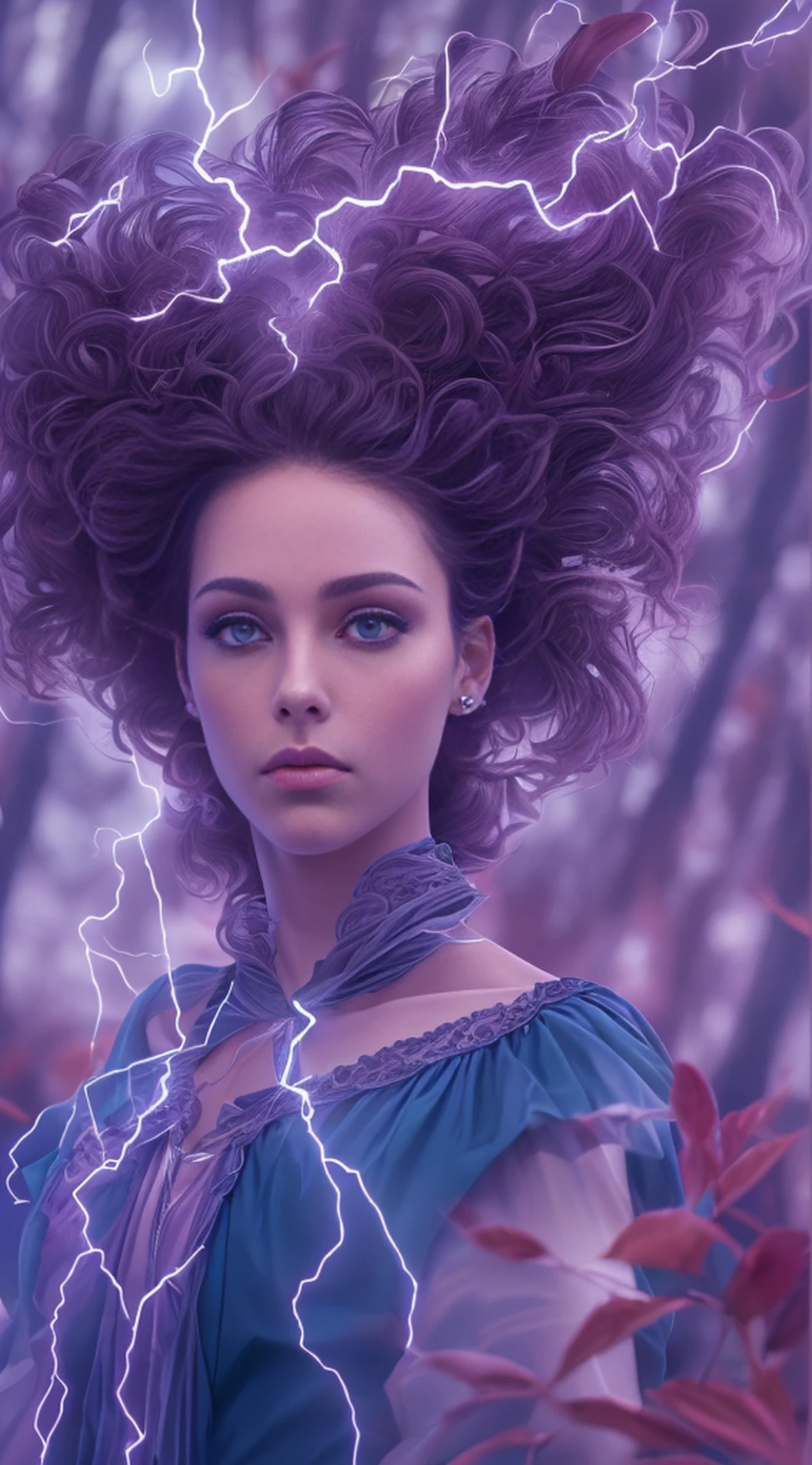 A woman in a blue dress standing in a cherry forest, Artgerm, paisagem realista, Artgerm detalhado, olhos perfeitos, rosto perfeito, Ultra Detalhado, tiro de corpo inteiro, (Skindentation: 1.5), realista, realista, (obra-prima: 1.5), arte conceitual, detalhes intrincados, altamente detalhado, realista, octane rendering, 8K, motor irreal, dinamic pose, melhor qualidade, alta resolução, (rosto realista: 1.1), (hiper-realismo: 1.1) , ((full_body)), olhos perfeitos, (pele brilhante: 1.2), ((penteado))), ((perfect hands))), (fundo muito detalhado), ((dynamic background), ((lightning), (lightning), ((1girl)), Vestindo um manto, (((Manto de fluxo))), ((Olhos detalhados, Olhos de alta qualidade, Rosto de alta qualidade)), vestido azul extremamente complexos, magical robes), casting lightning, eletricidade, spinning flame, radiation, spark, smoke, magia, (dramatic), epic, campo de batalha, profundidade de campo, bokeh, 4k, gotica, cinzas, particules --auto