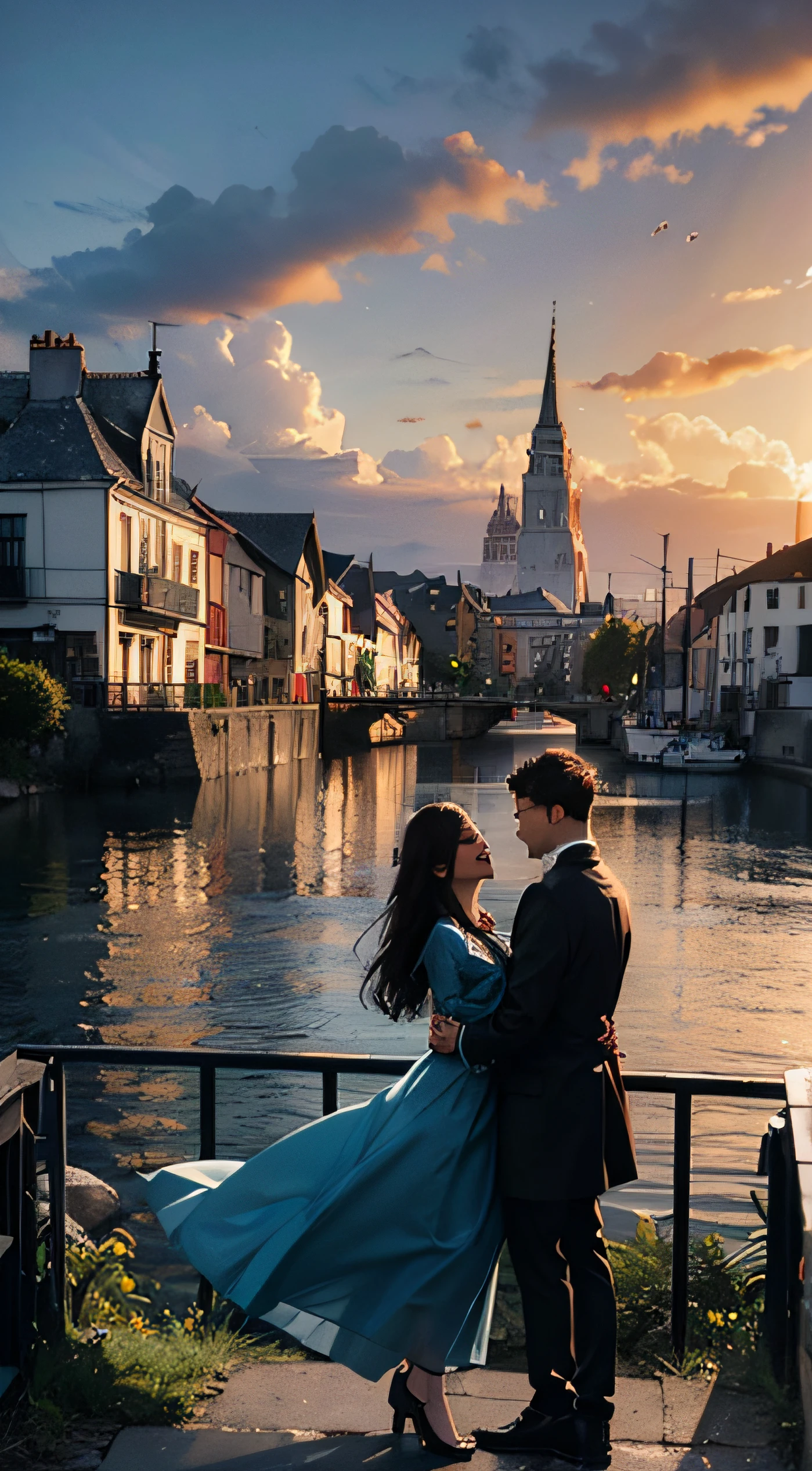 8K.Best quality at best,masterpiece,4k, hd,Super rich detail,little city painting,eventide,landscape, couple in love