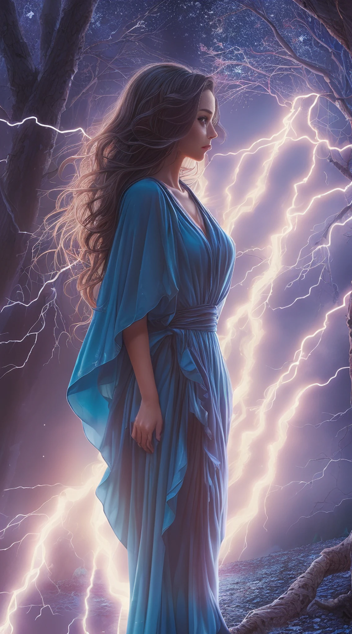 A woman in a blue dress standing in a cherry forest, Artgerm, paisagem realista, Artgerm detalhado, olhos perfeitos, rosto perfeito, Ultra Detalhado, tiro de corpo inteiro, (Skindentation: 1.5), realista, realista, (obra-prima: 1.5), arte conceitual, detalhes intrincados, altamente detalhado, realista, octane rendering, 8K, motor irreal, dinamic pose, melhor qualidade, alta resolução, (rosto realista: 1.1), (hiper-realismo: 1.1) , ((full_body)), olhos perfeitos, (pele brilhante: 1.2), ((penteado))), ((perfect hands))), (fundo muito detalhado), ((dynamic background), ((lightning), (lightning), ((1girl)), Vestindo um manto, (((Manto de fluxo))), ((Olhos detalhados, Olhos de alta qualidade, Rosto de alta qualidade)), vestido azul extremamente complexos, magical robes), casting lightning, eletricidade, spinning flame, radiation, spark, smoke, magia, (dramatic), epic, campo de batalha, profundidade de campo, bokeh, 4k, gotica, cinzas, particules --auto