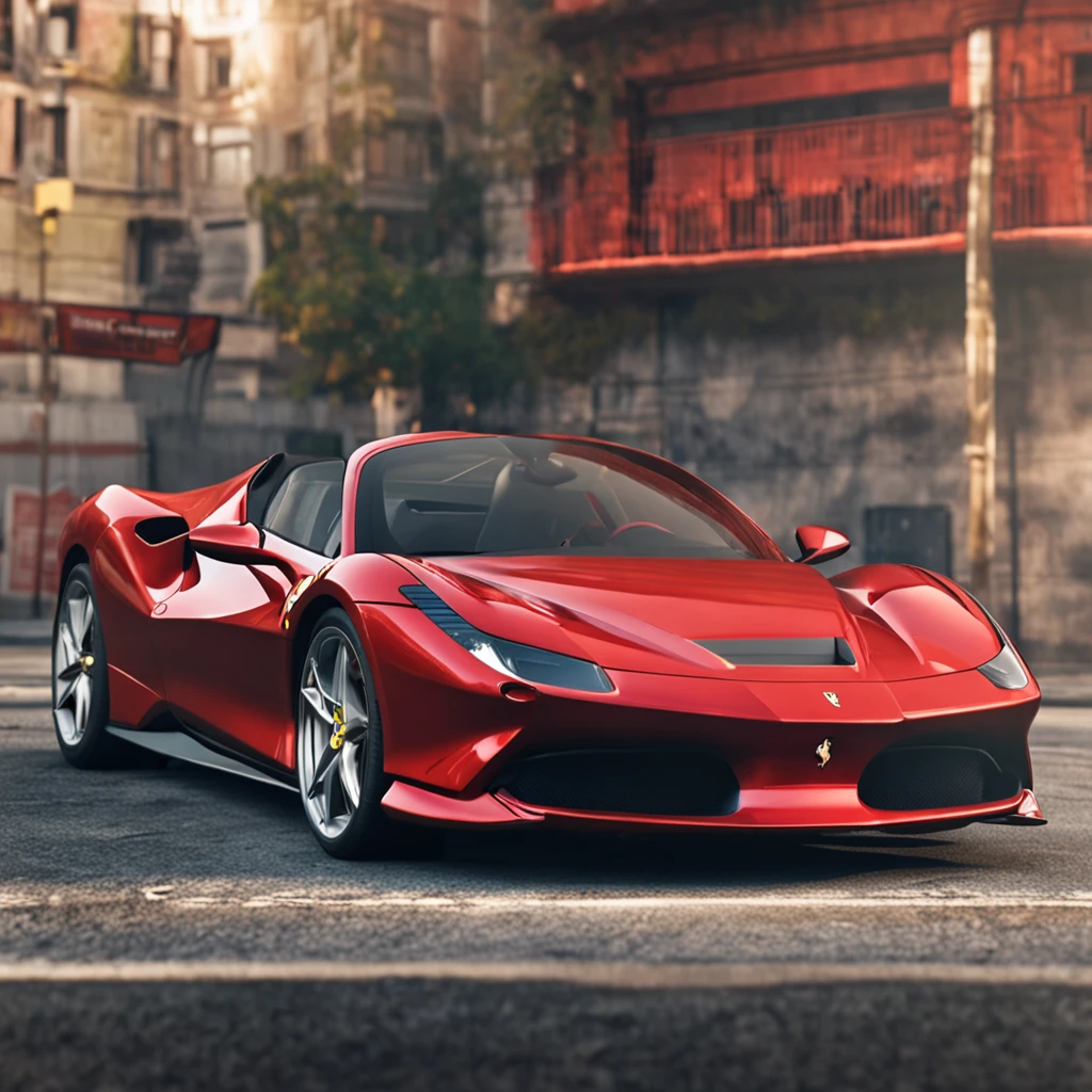 um carro ferrari f8 vermelho esportivo na cidade ::n_ desenho, Imperfection, baixa qualidade, boneco, jogo, anime, texto, assinatura