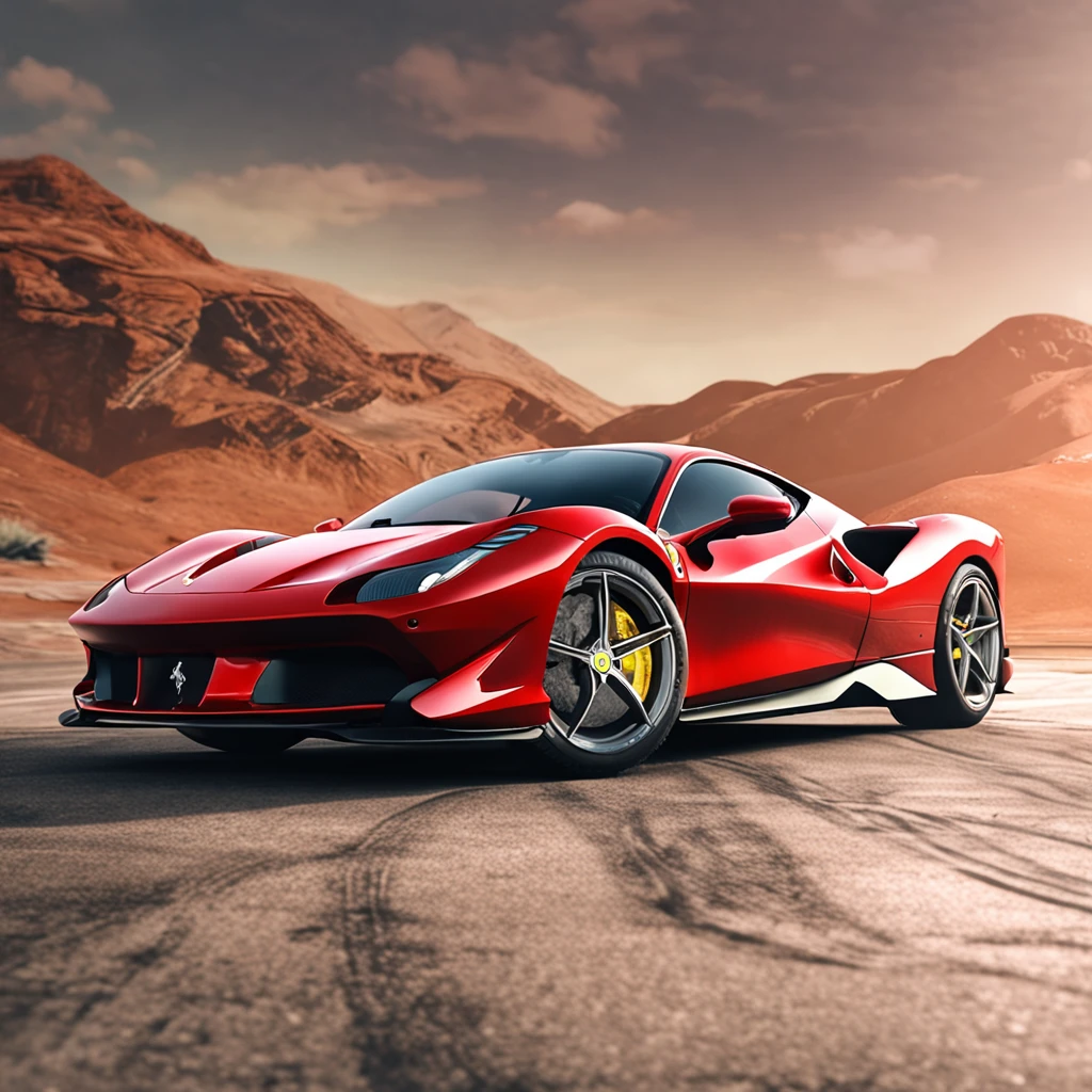 um carro ferrari f8 vermelho esportivo na cidade ::n_ desenho, Imperfection, baixa qualidade, boneco, jogo, anime, texto, assinatura