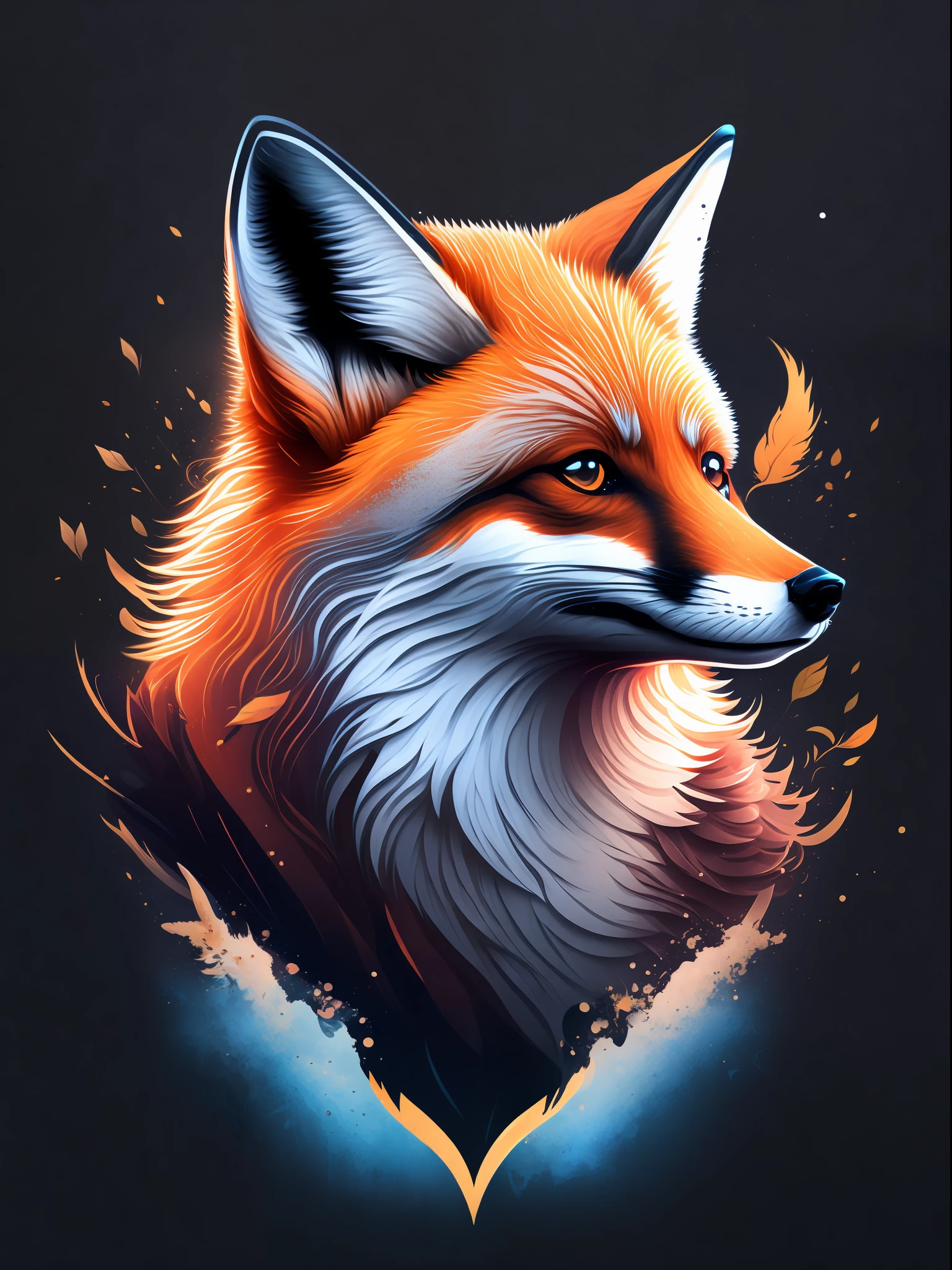 a fox's head on the dark splash, tshirt design, rzminjourney, vector-art