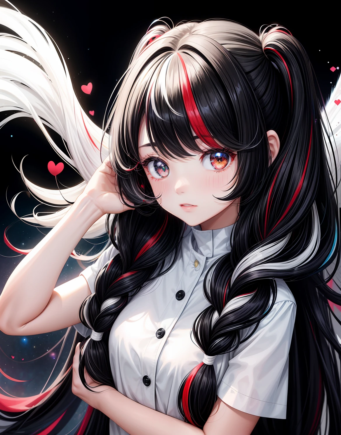((girl)) ((hair color black white streaks)) various sizes bright red hearts around, cute heart, glitter powder, picture perfect, space background