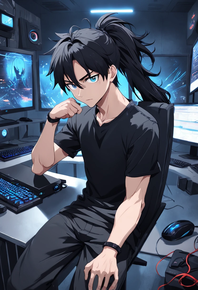 Crie uma imagem de um cara com corpo definido com cabelos longos e pretos, who are stuck in a ponytail. He's wearing a black outfit, including a black T-shirt and black pants. He has blue eyes and an expression of boredom on his face. Behind him, there are three monitors and a gaming PC. A imagem deve ser super detalhada, mostrando os detalhes dos cabelos, roupas e dos equipamentos de computador.