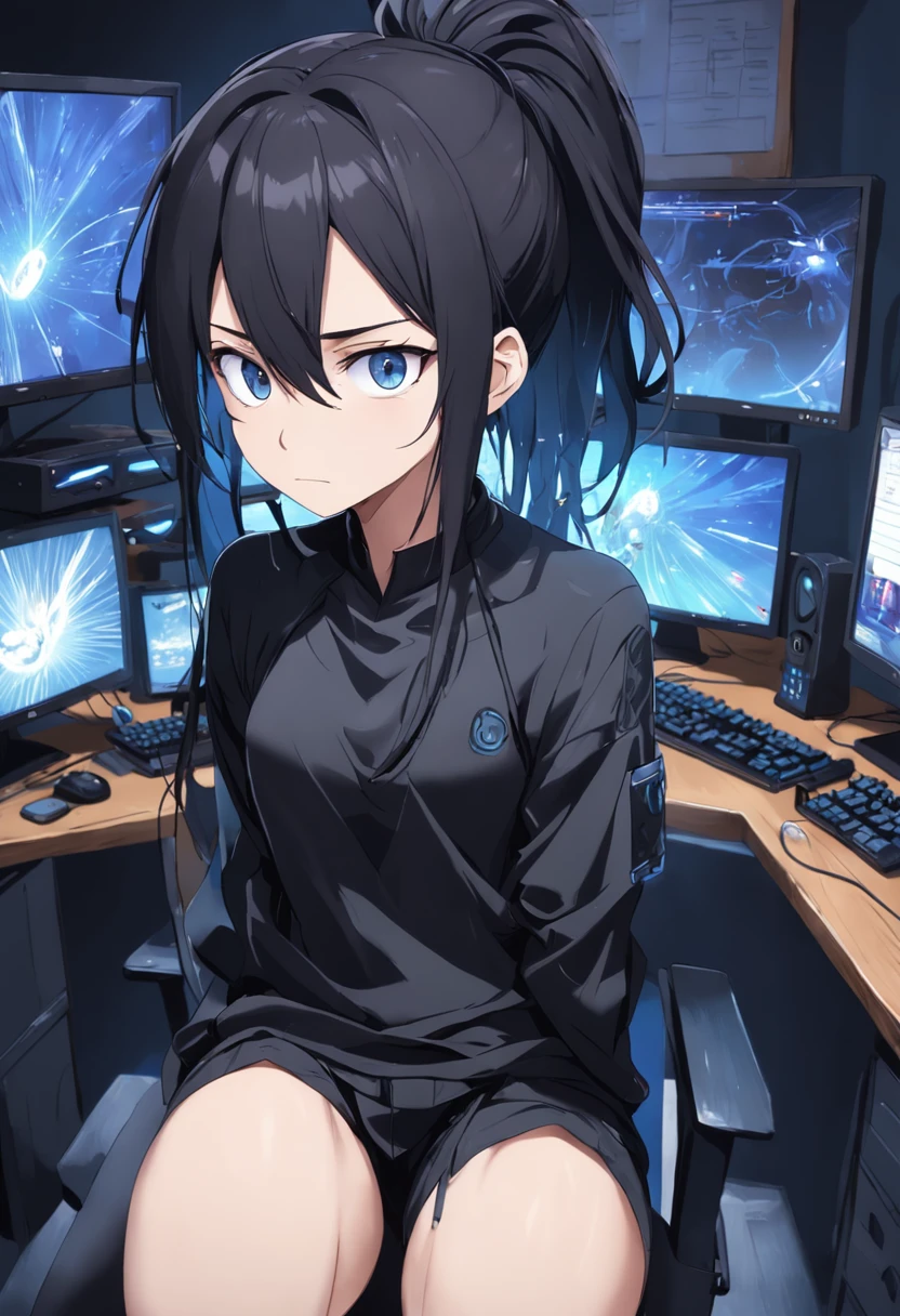 Crie uma imagem de um cara com corpo definido com cabelos longos e pretos, who are stuck in a ponytail. He's wearing a black outfit, including a black T-shirt and black pants. He has blue eyes and an expression of boredom on his face. Behind him, there are three monitors and a gaming PC. A imagem deve ser super detalhada, mostrando os detalhes dos cabelos, roupas e dos equipamentos de computador.