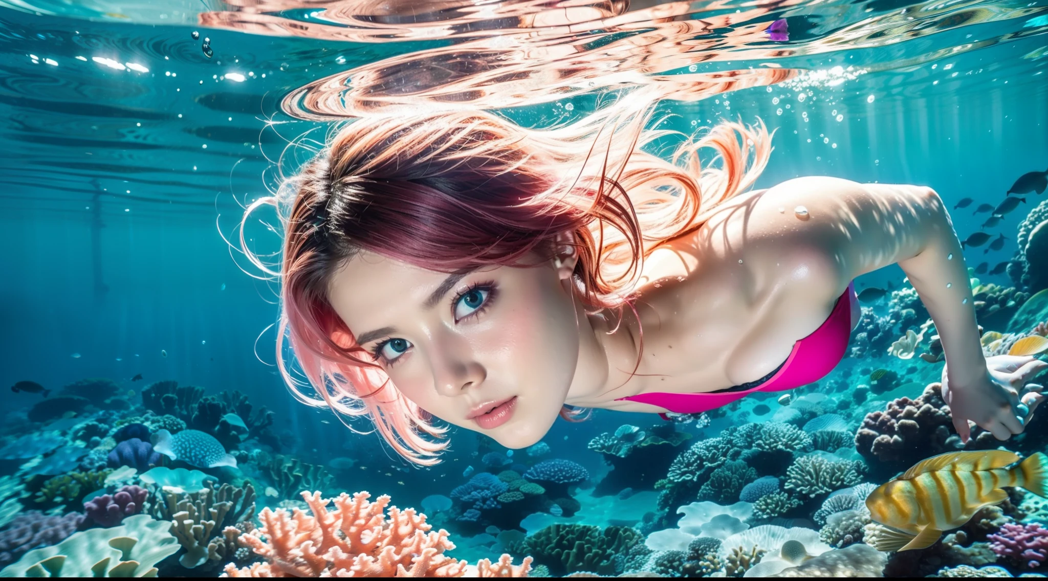 Partial underwater photography,Pink hair beauty,messy hair,perfect bodies,float in the water,Water pattern details,Lying on the bottom of the sea,The corals,Small fish,sea shell,softlighting,best qualityer,16k high resolution wallpaper,