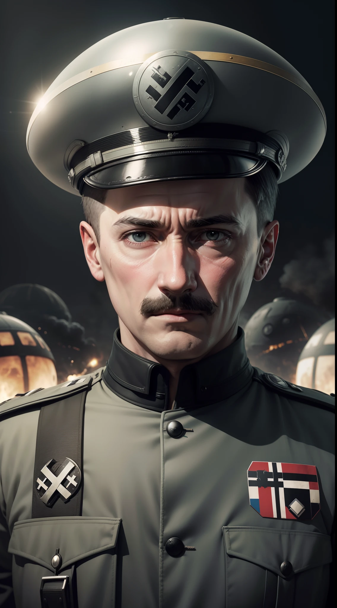 Adolf ?????? de frente,and behind his photo alien ships in the shape of a flying saucer,e nazistas em volta,8k realista,com pingos de suor,?????? da segunda guerra mundial,e uniforme da SS da alemanha nazista,com extraterrestres