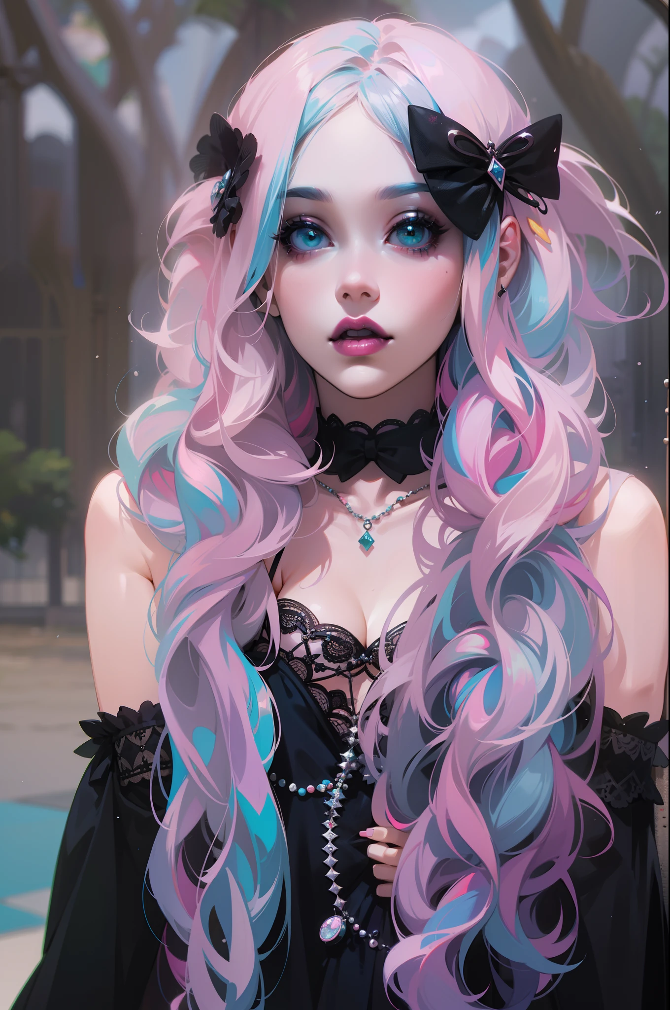 En un hermoso parque una mujer de aspecto moderno. It has a very colorful and striking kawaii gothic style.., con un maquillaje elegante y una peluca colorida.