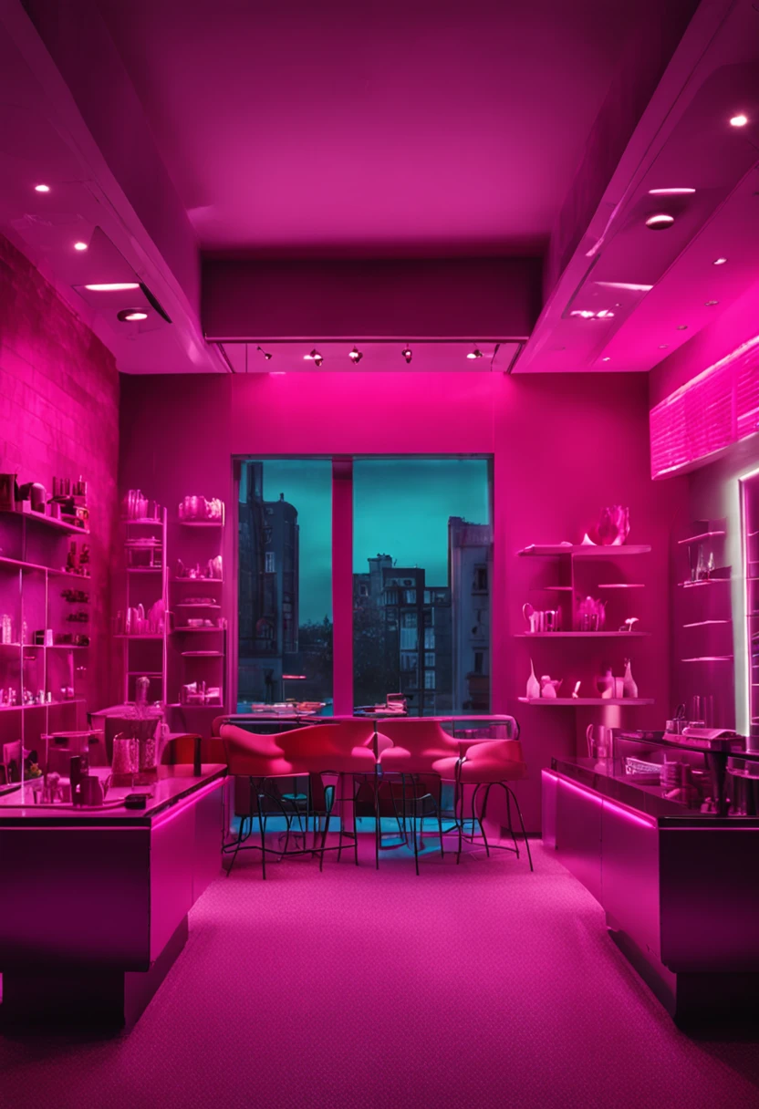 ((Furniture painted only in 2 shades of magenta)), window on the wall behind the counter letting in a lot of sunlight, volumeric lighting