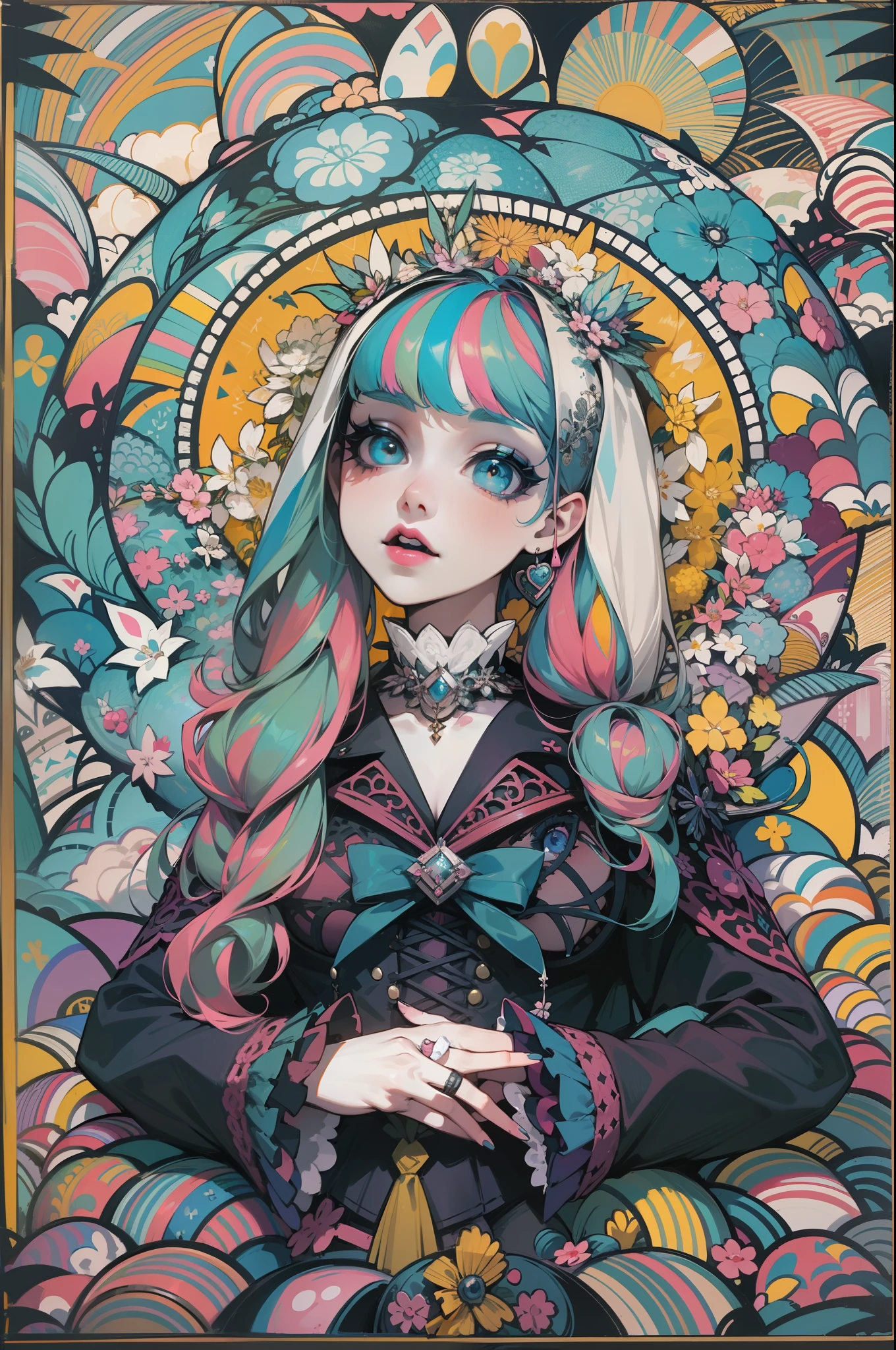 En un hermoso parque una mujer de aspecto moderno. It has a very colorful and striking kawaii gothic style.., con un maquillaje elegante y una peluca colorida.