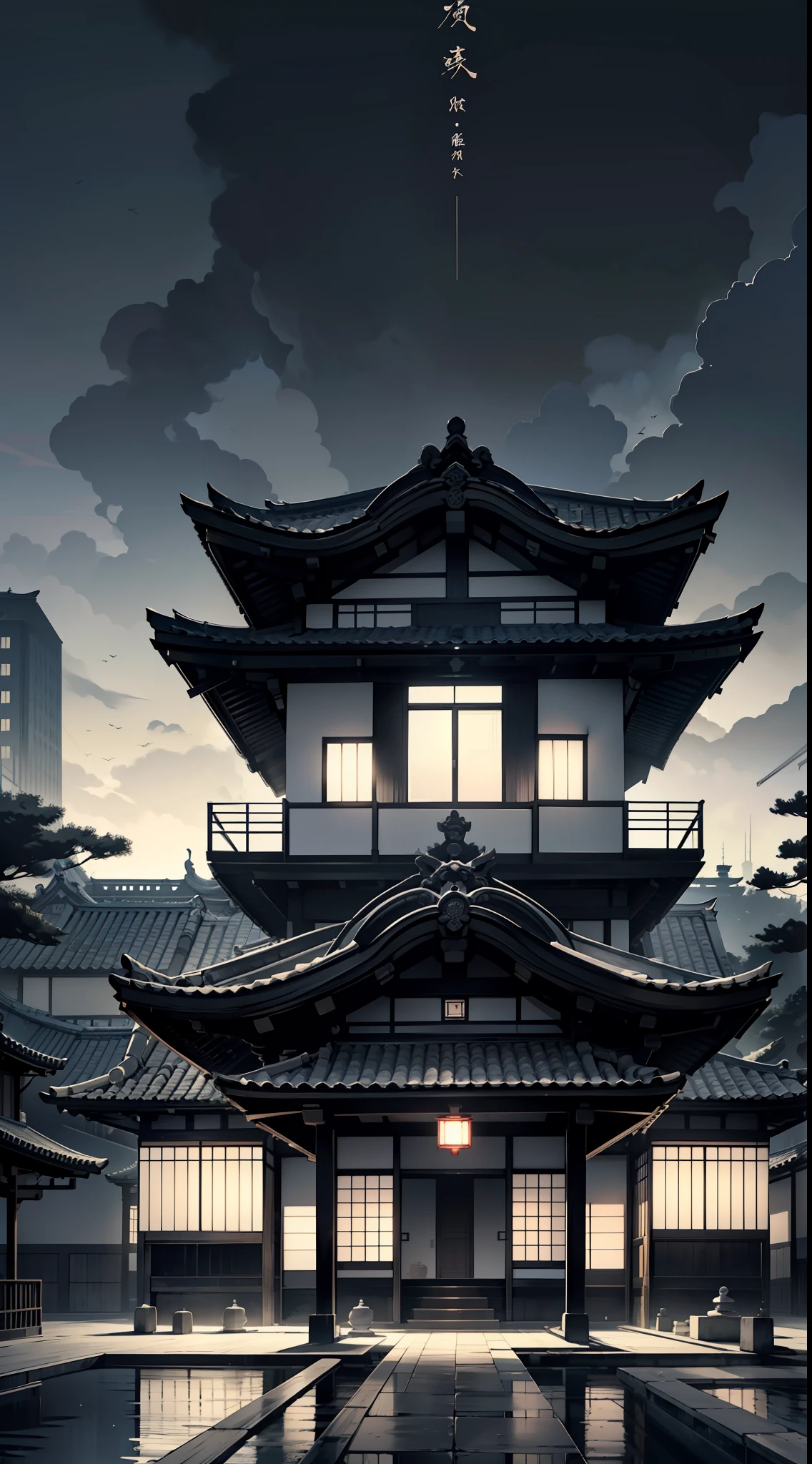 (Obra-prima) an illustration of a Japanese mansion, the construction should be large and the color palette should be predominantly black and white. Inclua um jardim bem cuidado na parte da frente. The vision must be external,  Ultra resolution, arte profissional, ultra detalhado, perfect lighting, lugar frio