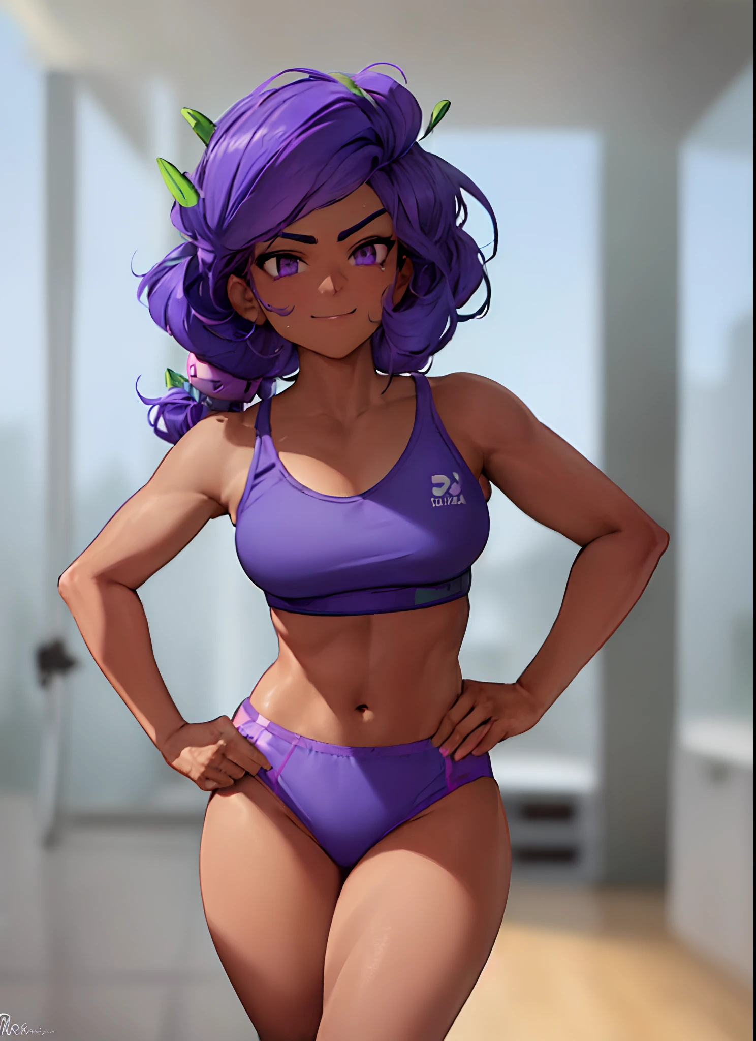 (Brawlrosa:1.2), dark skin, purple hair, 1girl, solamente, They are smiling, senos medianos, Mirando al espectador, Ropa deportiva negra