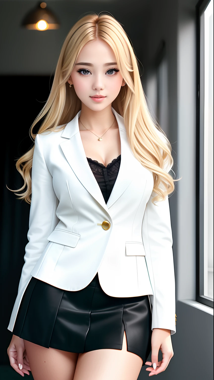 European and American women, A fashion model, Wears a V-neck suit,Lower trousers are very attractive, paparazzi taking pictures of her, Blonde hair, Brown eyes, 8K, High quality, Masterpiece, Best quality, HD, Extremely detailed, voluminetric lighting, Photorealistic