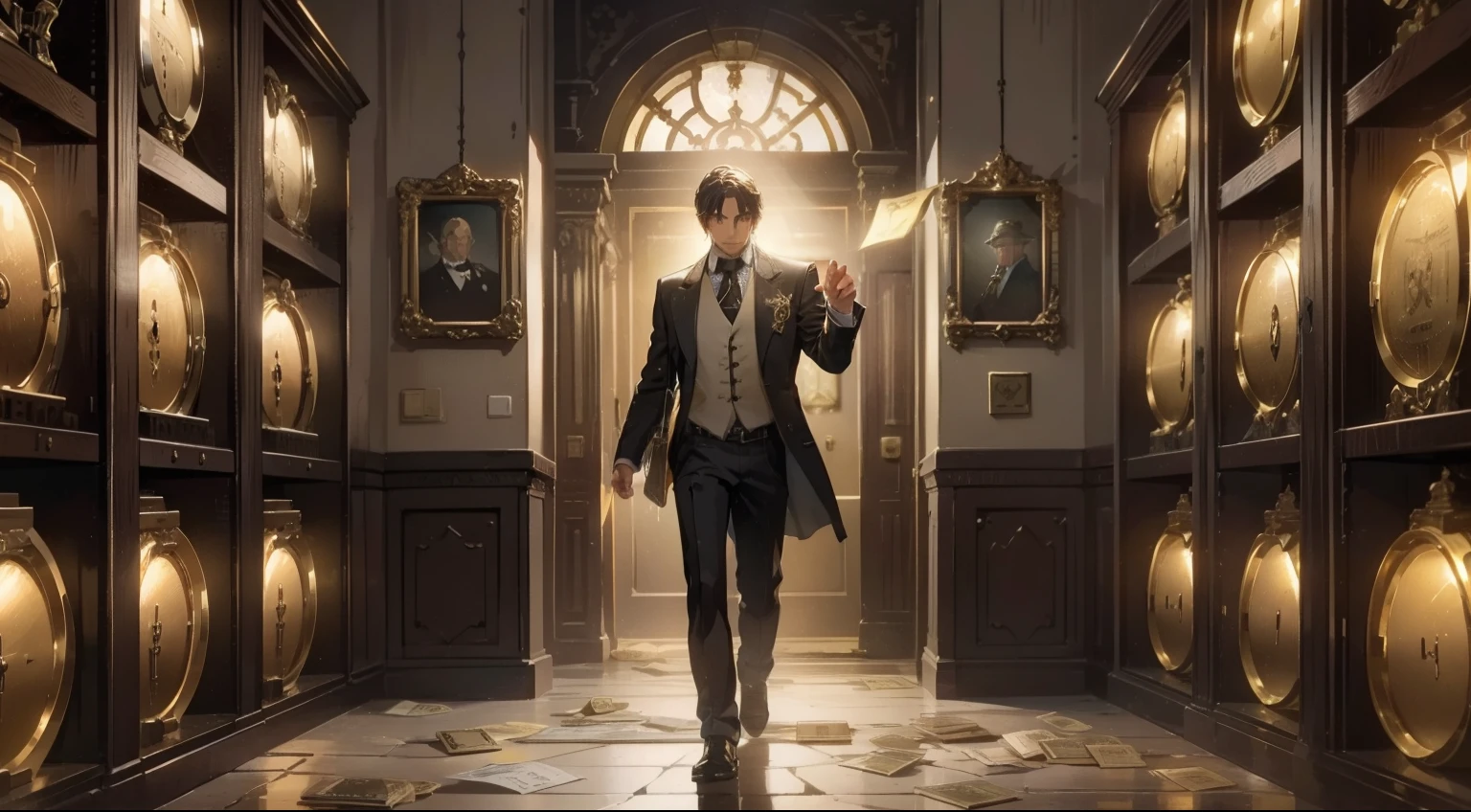 In a dimly lit underground vault, a man finds himself surrounded by the cold steel walls of a bank vault. The air is tinged with the faint scent of metal and dust, and a low hum of ventilation provides the only constant sound. Stacks of currency, both crisp bills and weathered notes, lay strewn across the floor, creating an opulent mosaic of wealth at his feet. The flickering light from an overhead bulb casts eerie shadows across the room, giving the scene an almost surreal quality.
Against one wall, towering shelves stretch upward, their polished surfaces gleaming like mirrors. These shelves are lined with neat rows of safety deposit boxes, each door sporting a unique combination of numbers and letters. Some of the boxes stand open, revealing their contents—diamond-studded watches, glinting gold bars, and precious gemstones that catch the light and send colorful reflections dancing around the room.
The man's footsteps echo as he paces among the riches, his fingers brushing against the cool, smooth edges of the money stacks. The crisp notes crinkle faintly beneath his touch, a tangible reminder of the overwhelming fortune surrounding him. A leather duffle bag sits discarded on the ground, its zipper half-open as if it couldn't contain the sheer abundance of wealth it was meant to hold.
As the man moves, his gaze is drawn to a heavy steel door on the far side of the room. It stands slightly ajar, revealing a tantalizing glimpse of the vault's entrance—an imposing circular door with intricate gears and locking mechanisms. The vault's history is palpable, its weighty presence evoking both the security and secrecy it was designed to uphold.
In this surreal tableau, the man's emotions are a mix of awe, excitement, and perhaps a hint of trepidation. He stands alone within this haven of riches, a modern-day Midas with the world's wealth at his fingertips, yet surrounded by the very symbols of security that keep it all confined, in a modern bank. --auto