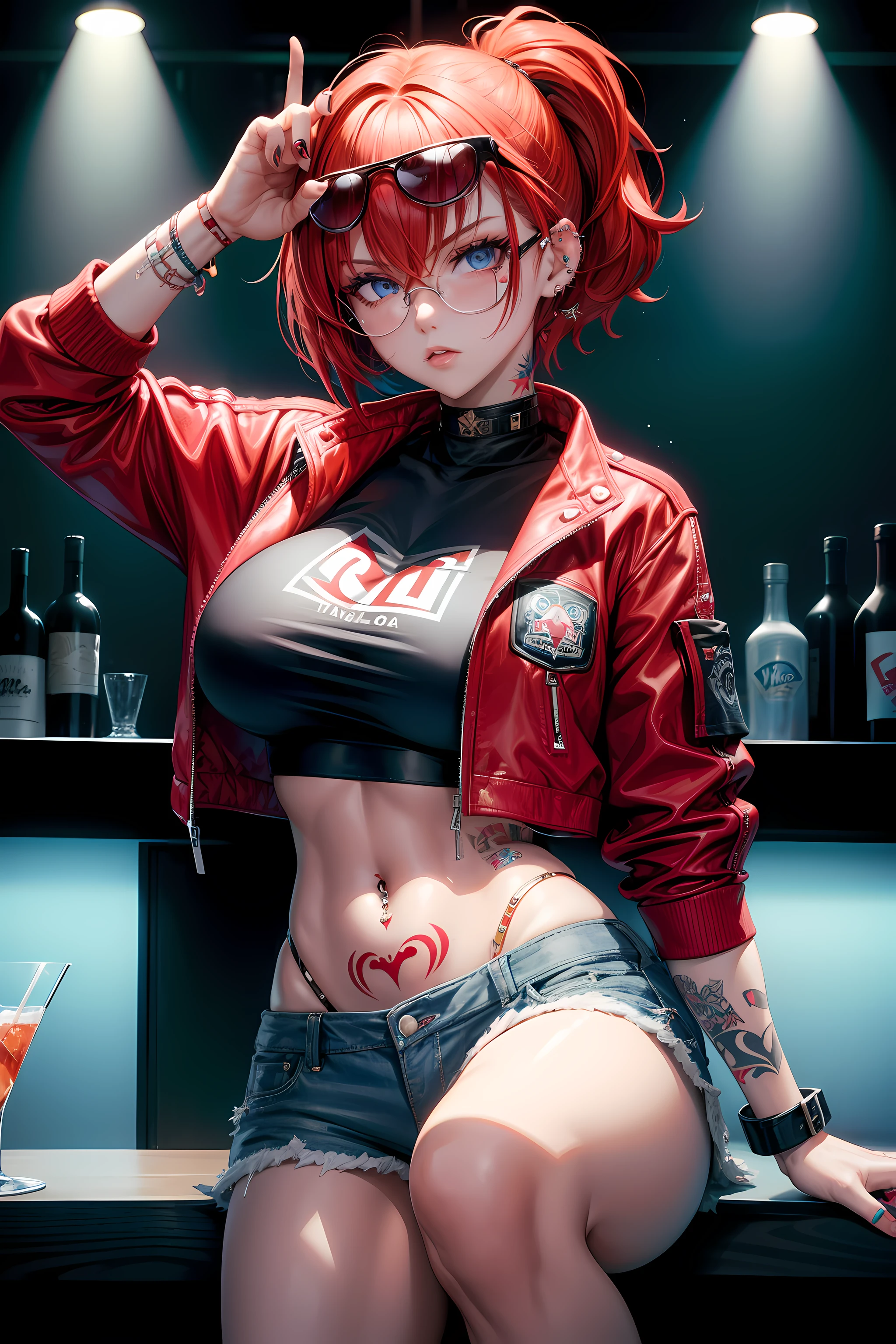 1 girl, solo, only one girl, red hair, short hair, two ponytails, blue eyes, red jacket, vans shorts, crop top, piercings, big boobs,belly tattoo, hand tattoo, are at the bar drinks, vodka, sunglasses, stylish glasses, sitting on the bar couch, Tattoo on the stomach , disco lights, Was drinking vodka