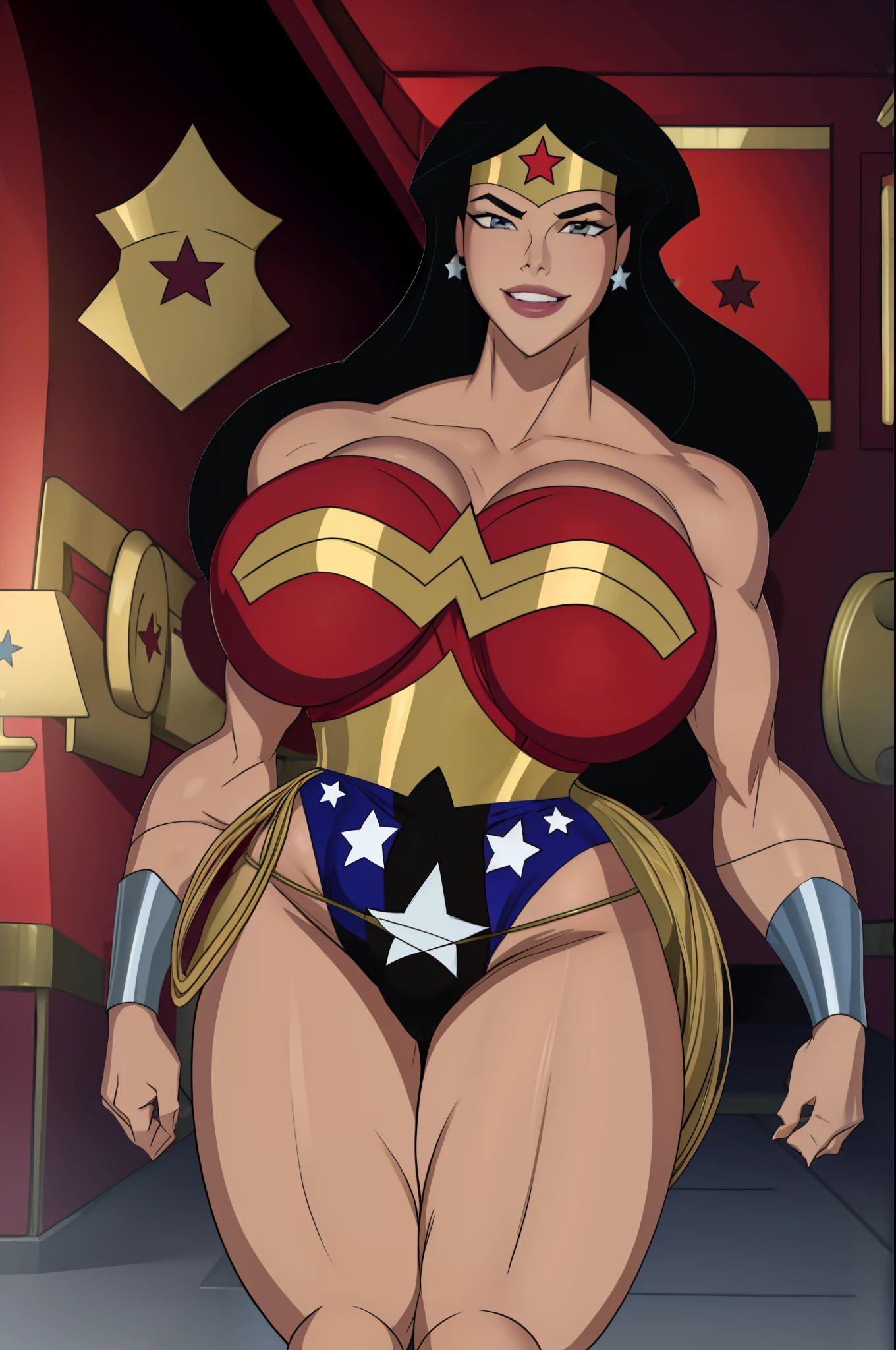 beautiful, masterpiece, best quality, extremely detailed face, perfect lighting, 1girl, wonderjlu, black hair, long hair, star (symbol), big breasts, leotard, red footwear,walking,smile