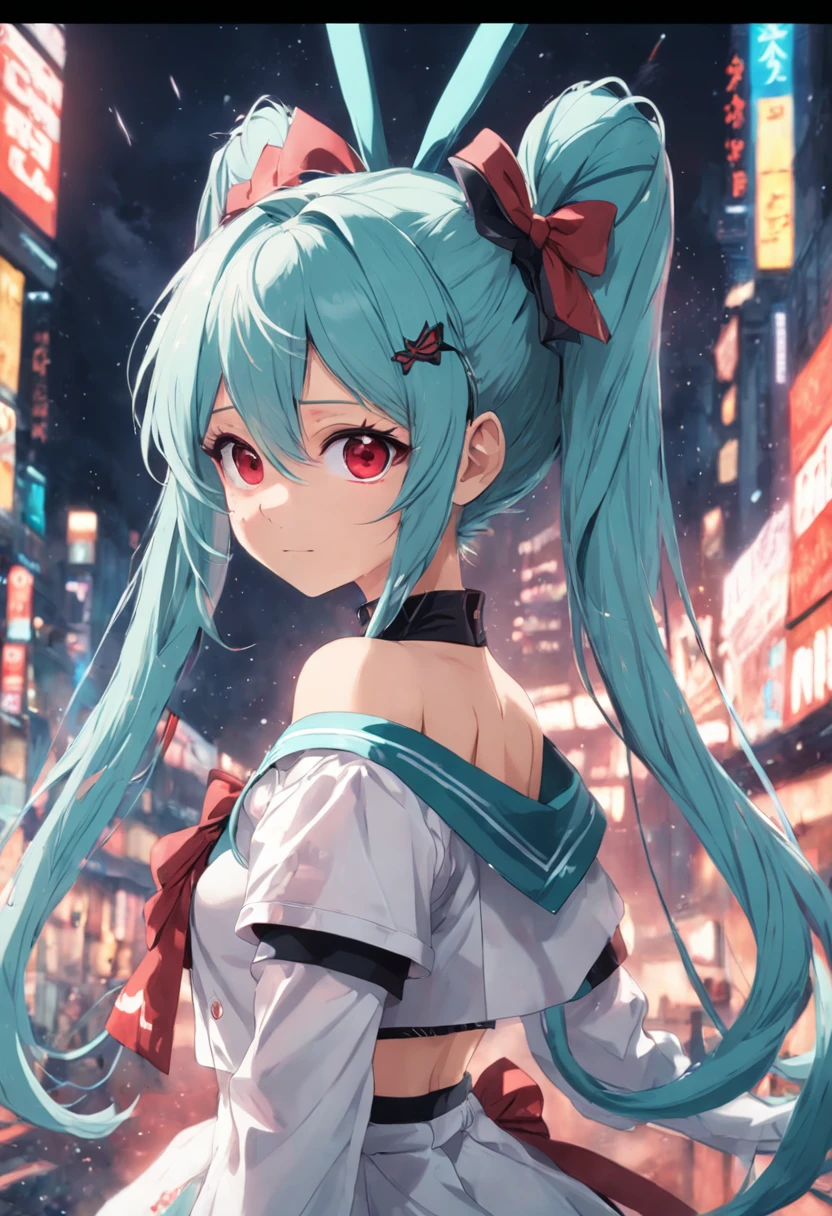 2d， tmasterpiece， best qualityer， anime big breast， highly  detailed， Big breasts Hatsune Miku， 独奏， cowboy lens， sumi， single braid， Side braids， hair bow， whitebowties， white  shirt， longer sleeves， Sailor collar， Red ribbons， reddress， pleatedskirt， embarressed， Be red in the face， ssmile， exteriors，2k