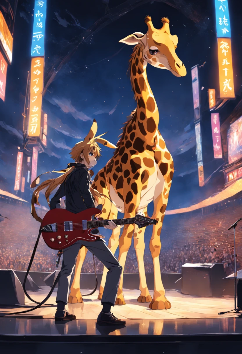 A masterpiece Rock Star Jiraffe, playing a Guitar on a stage, HD