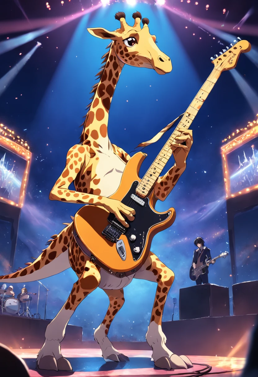 A masterpiece  Rock Star Jiraffe, playing a Guitar on a stage, HD